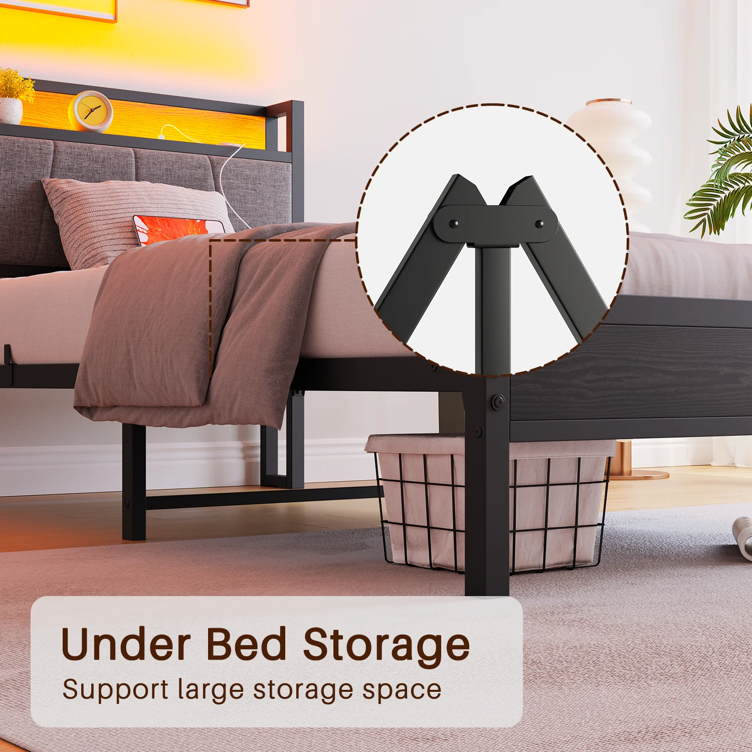 90x200cm Bed Frame Smart LED Lights USB Charging Headboard - Metal - Image 5