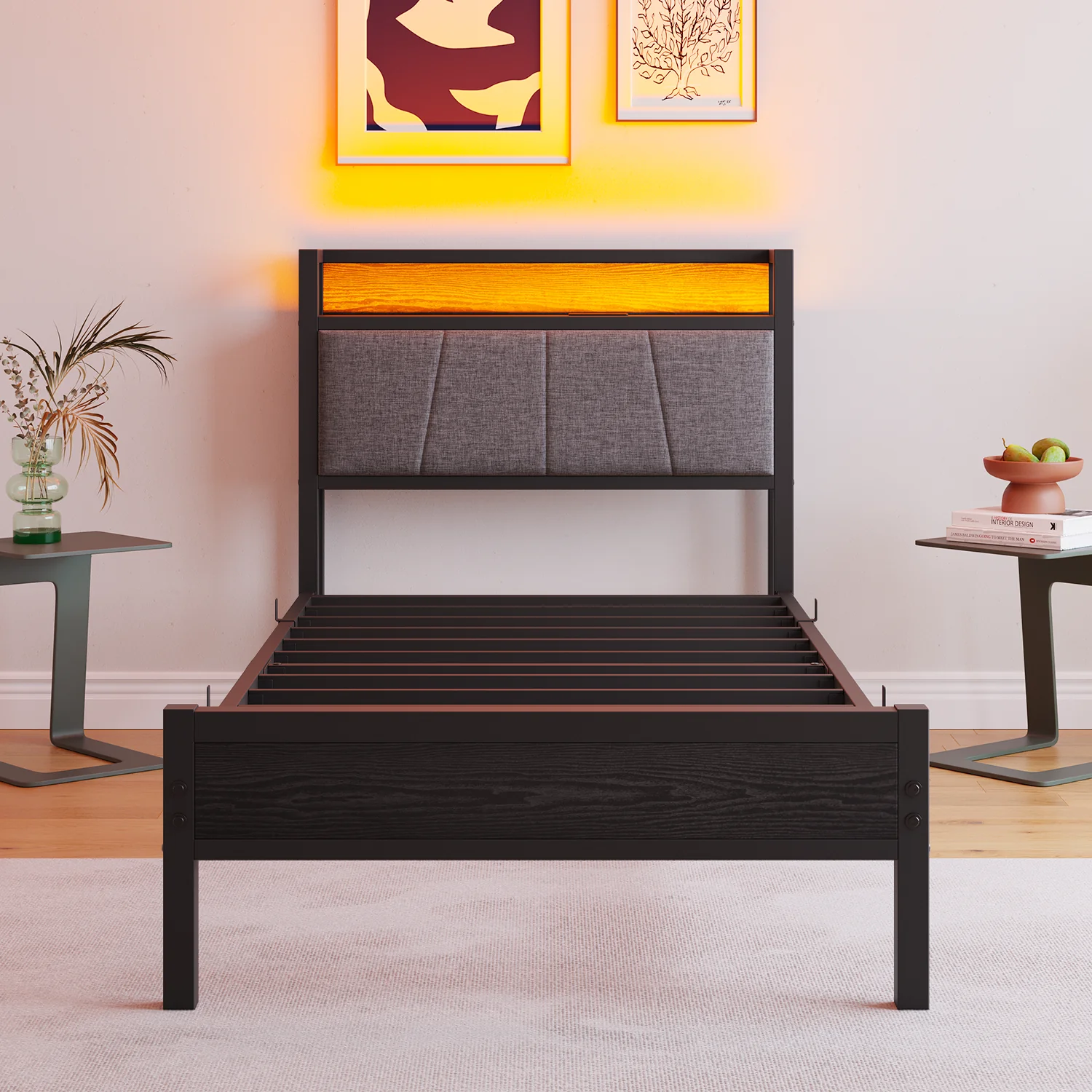 90x200cm Bed Frame Smart LED Lights USB Charging Headboard - Metal - Image 6