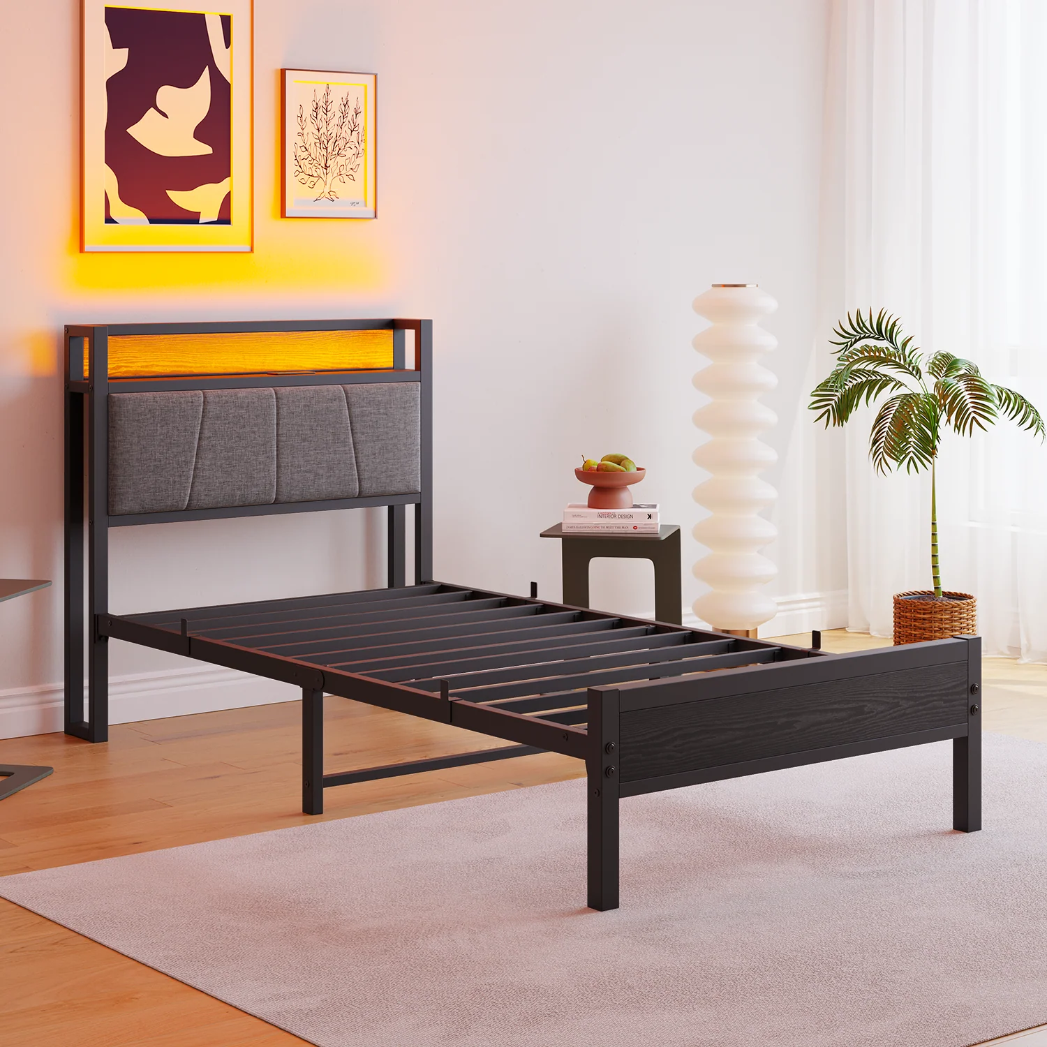 90x200cm Bed Frame Smart LED Lights USB Charging Headboard - Metal - Image 7
