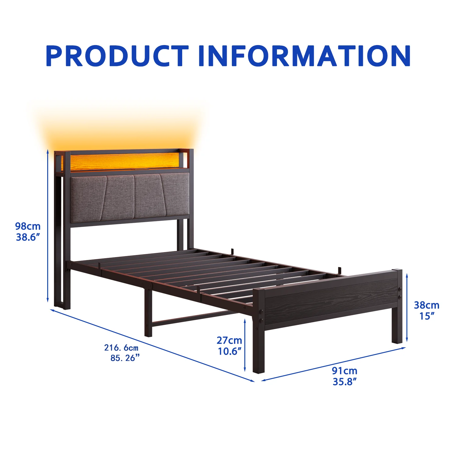 90x200cm Bed Frame Smart LED Lights USB Charging Headboard - Metal - Image 9