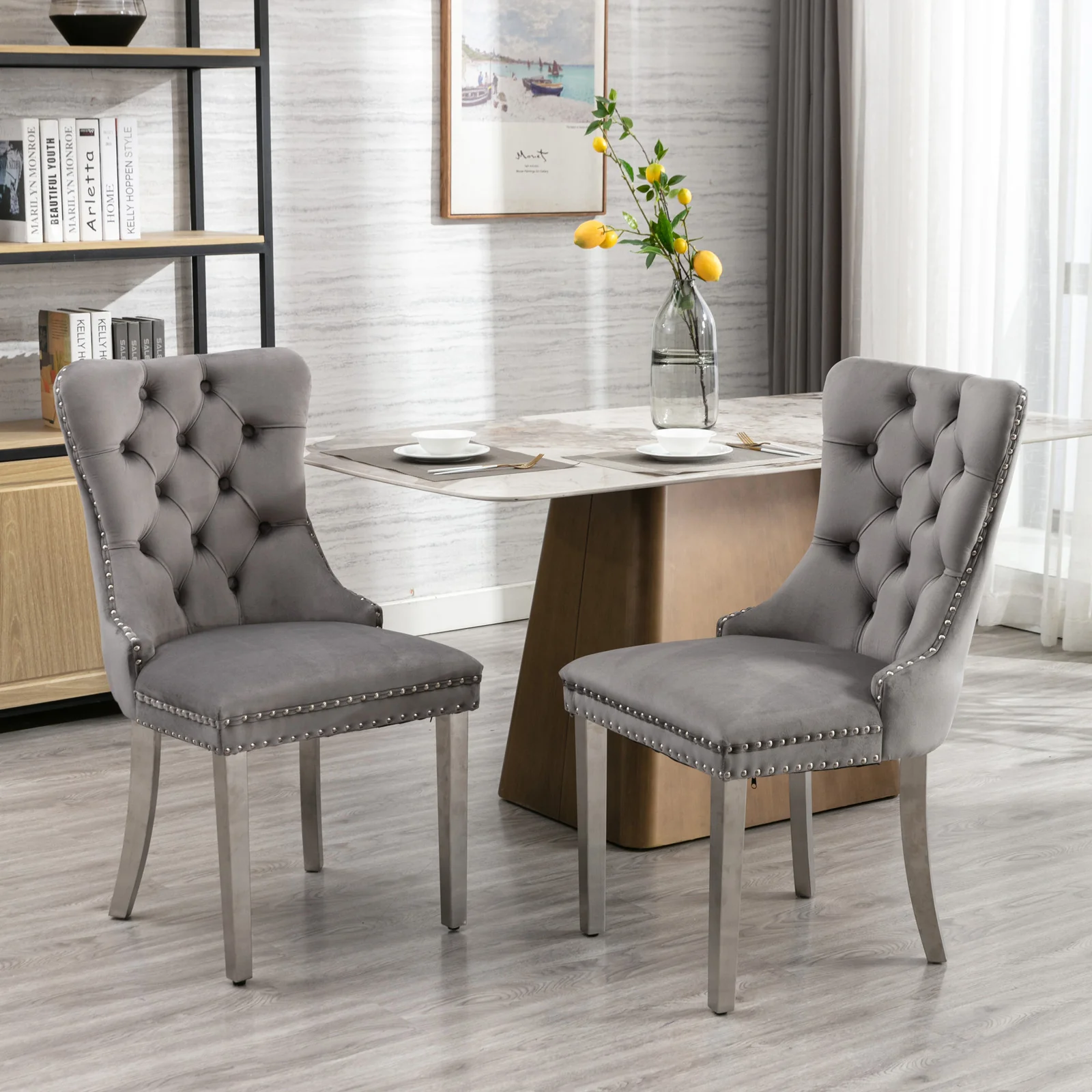 A&A Furniture Nikki Collection Modern Tufted Velvet Dining Chair Set of 2 with Chrome Legs Gray/Chrome