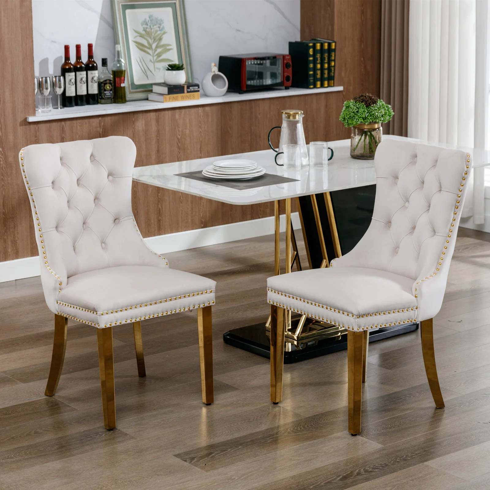 A&A Furniture Nikki Collection Tufted Velvet Dining Chair Set of 2 Gold Legs - Beige/Gold