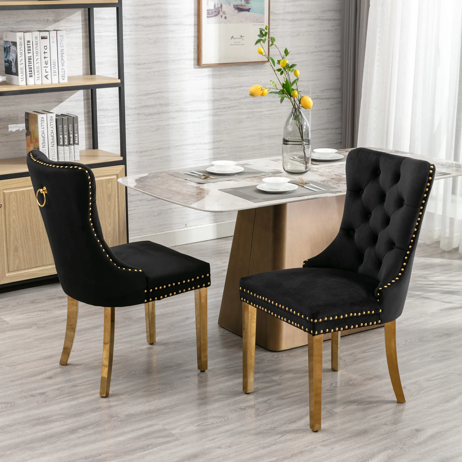 A&A Furniture Nikki Dining Chair Set of 2 Tufted Velvet Golden Steel Legs - Black and Gold - Image 10