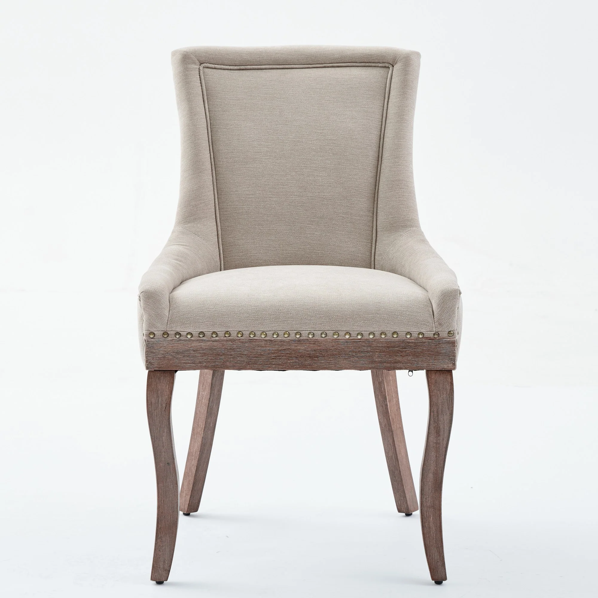 A&A Furniture Ultra Side Dining Chair Thick Fabric Solid Wood Legs Bronze Nail Head Set of 2 - Beige - Image 2