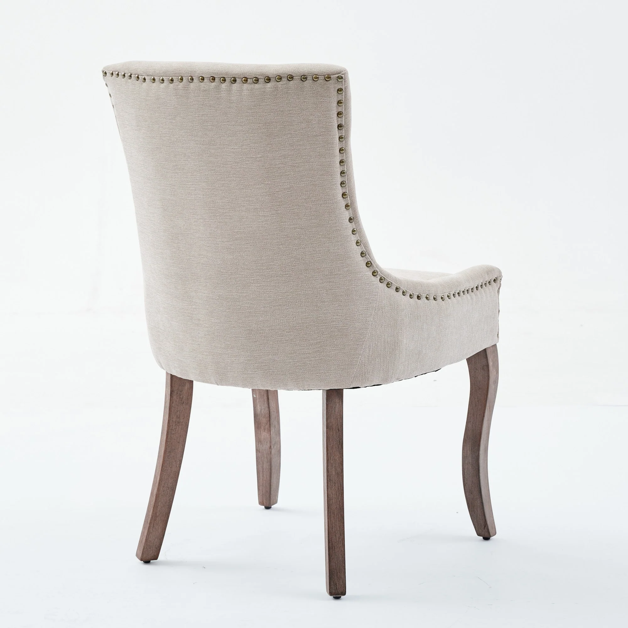 A&A Furniture Ultra Side Dining Chair Thick Fabric Solid Wood Legs Bronze Nail Head Set of 2 - Beige - Image 5