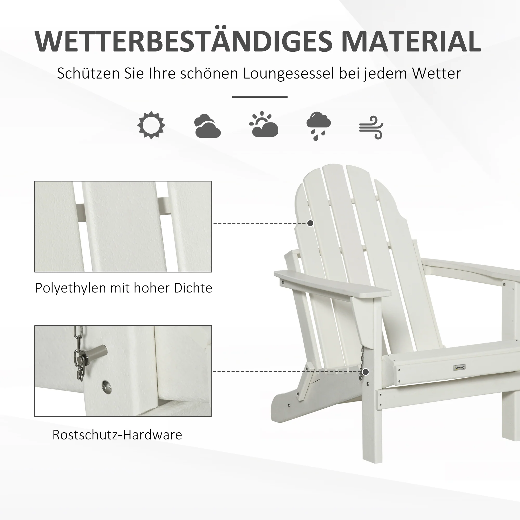 Adirondack Garden Chair, Foldable 75x87x93cm Armchair, White - Image 6