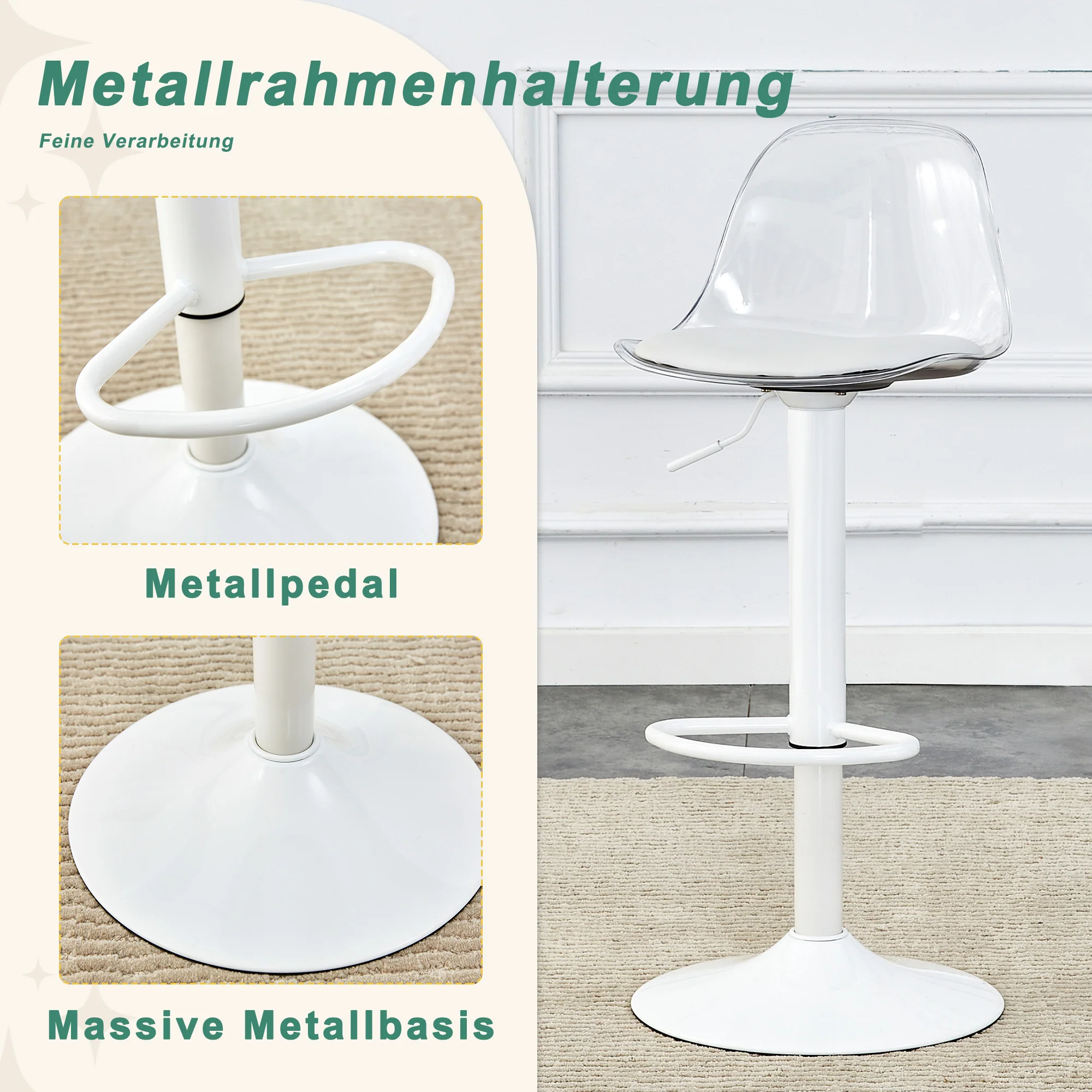 Adjustable Beam Chair (2-Pack) Swivel & Height Adjustable - Transparent/White - Image 10