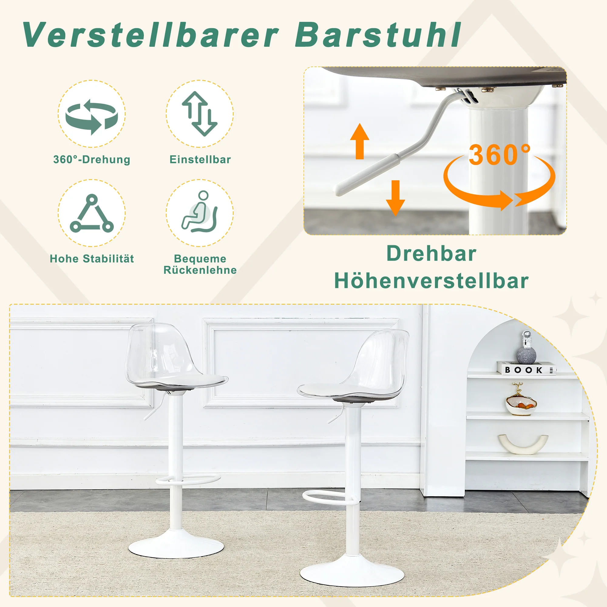 Adjustable Beam Chair (2-Pack) Swivel & Height Adjustable - Transparent/White - Image 8