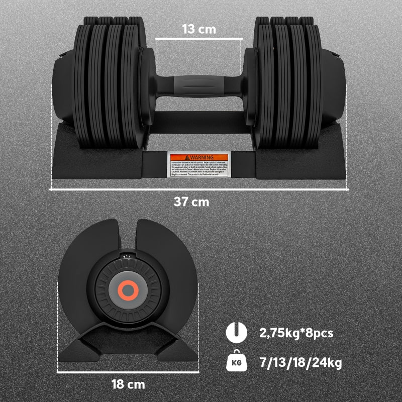 Adjustable Single Dumbbell 7/13/18/24 kg with Storage & Non-Slip Grips - Black - Image 3