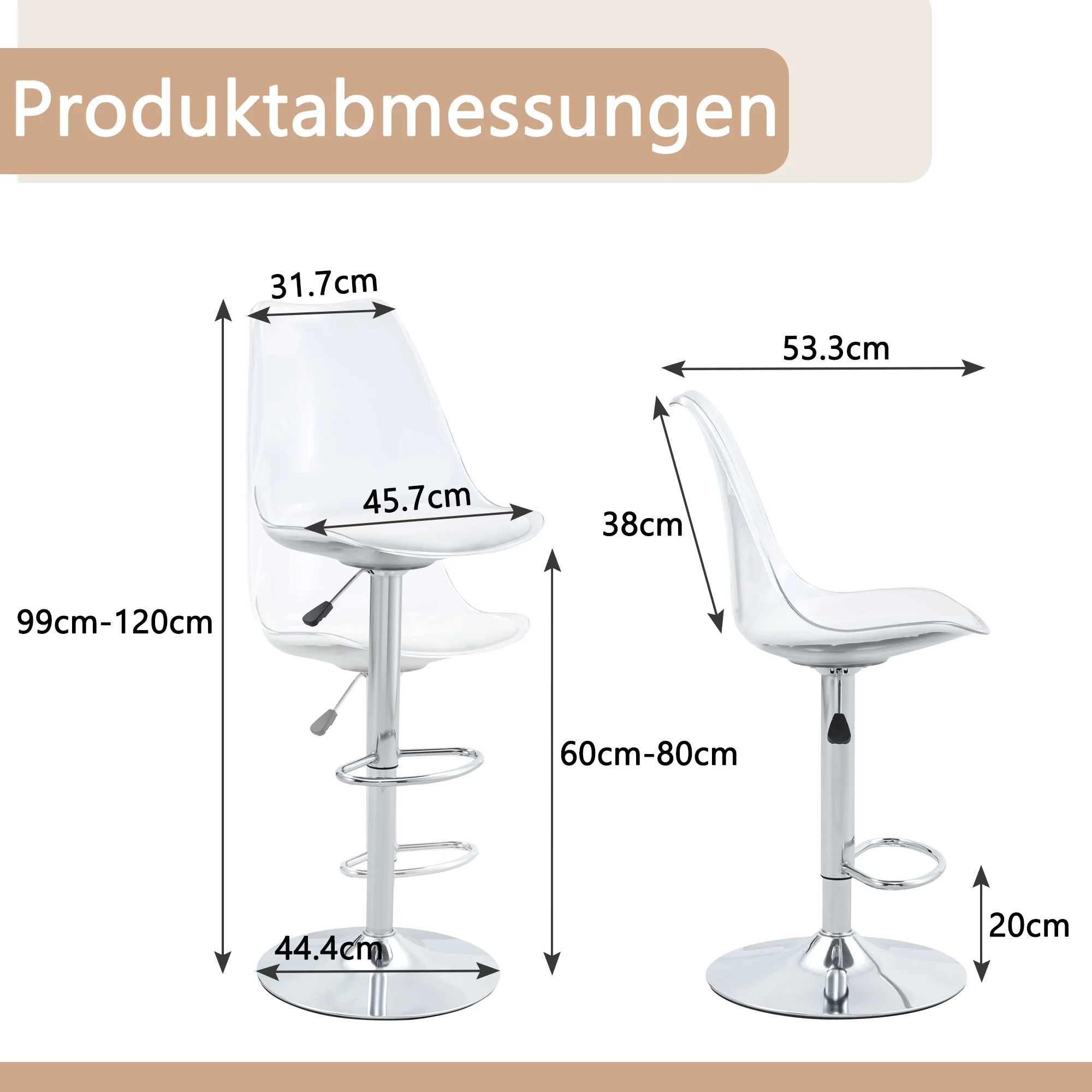 Adjustable Swivel Bar Stool Set 2-Piece - Transparent Plastic/PU Leather - Image 4