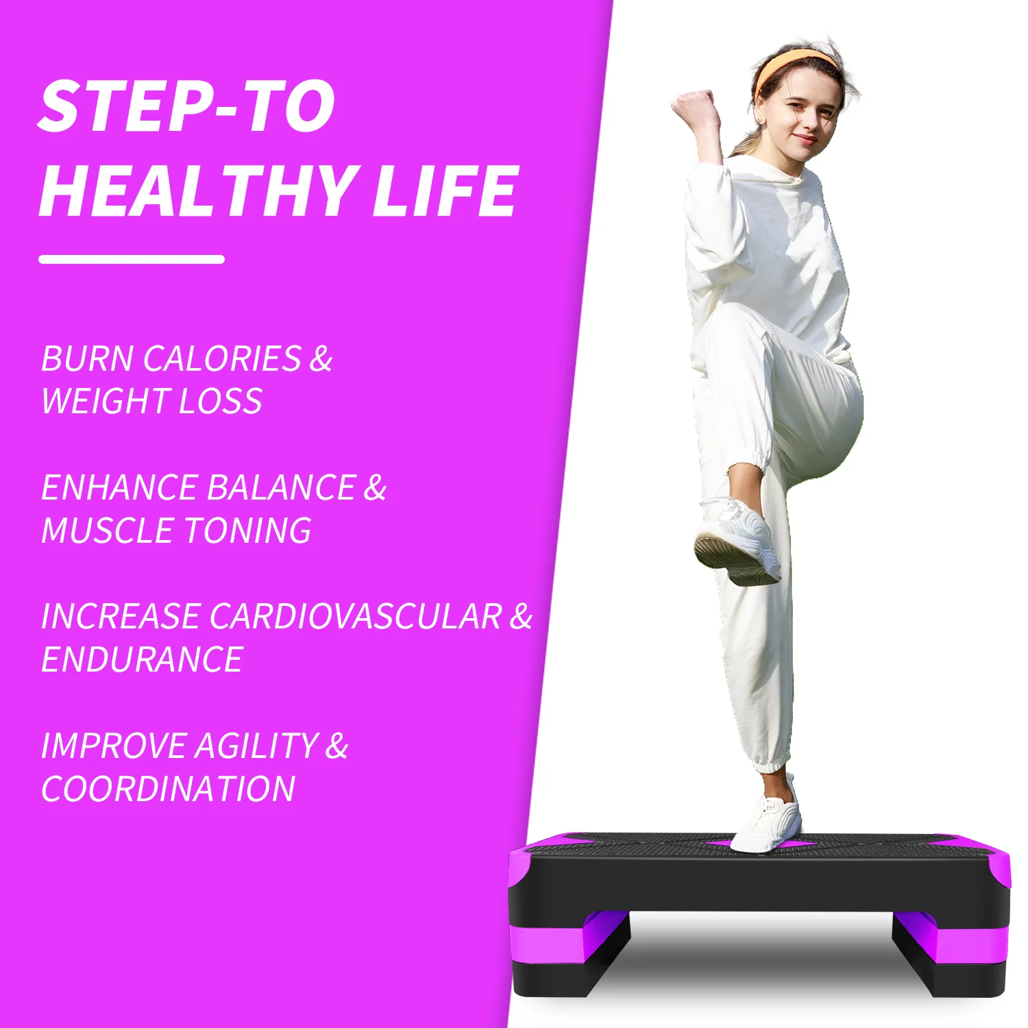 Aerobic Exercise Step Platform 27" with Adjustable Height Risers - Purple - Image 7