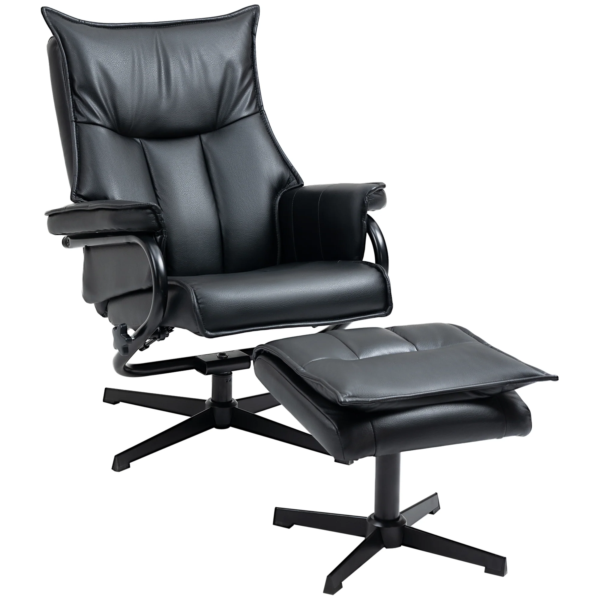 Armchair Swivel Reclining TV Chair with Footstool, Tilting Backrest, Faux Leather Black - Image 2
