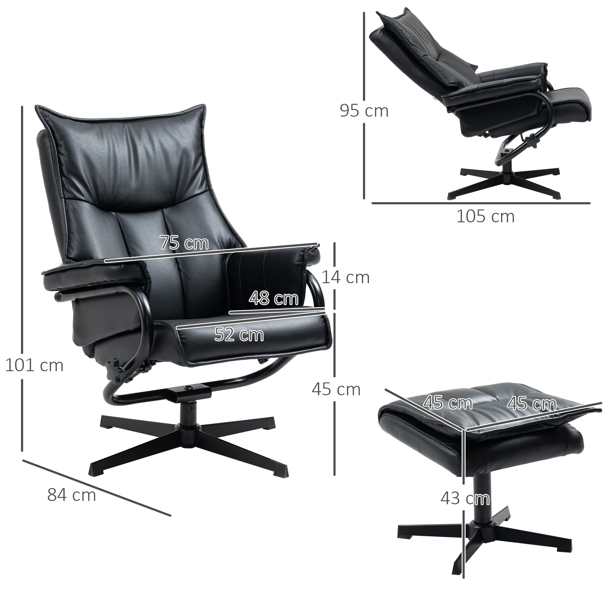 Armchair Swivel Reclining TV Chair with Footstool, Tilting Backrest, Faux Leather Black - Image 3