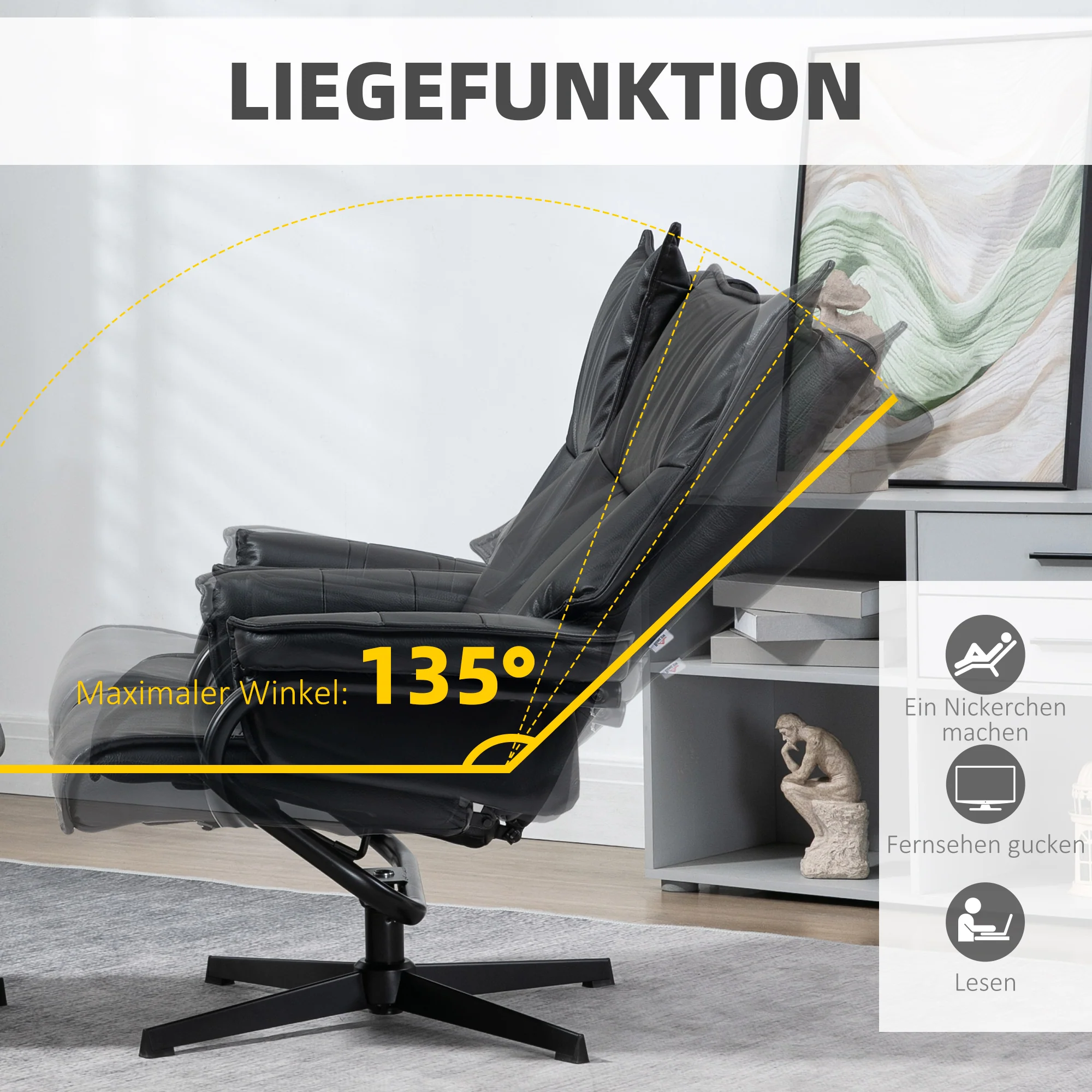 Armchair Swivel Reclining TV Chair with Footstool, Tilting Backrest, Faux Leather Black - Image 4