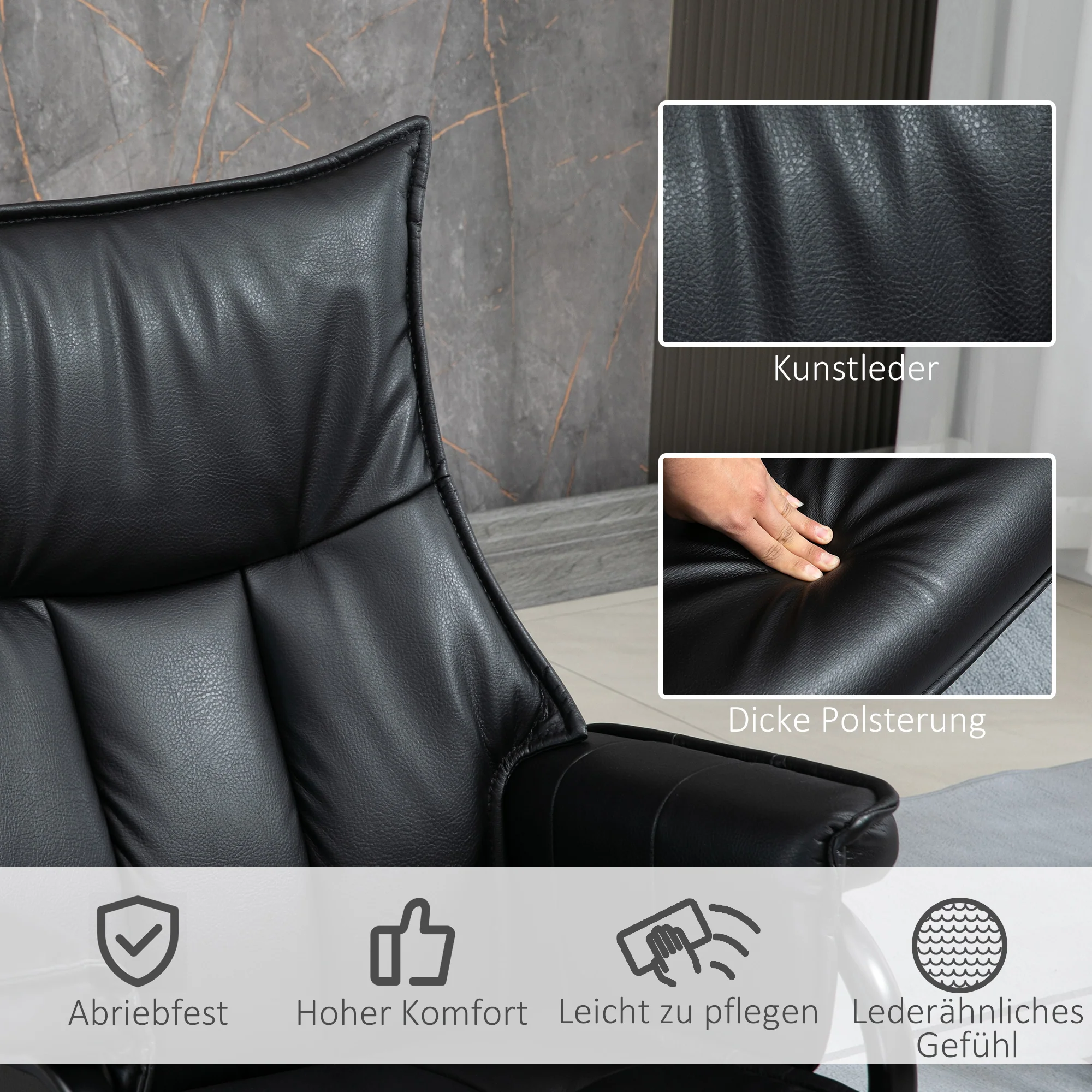 Armchair Swivel Reclining TV Chair with Footstool, Tilting Backrest, Faux Leather Black - Image 5