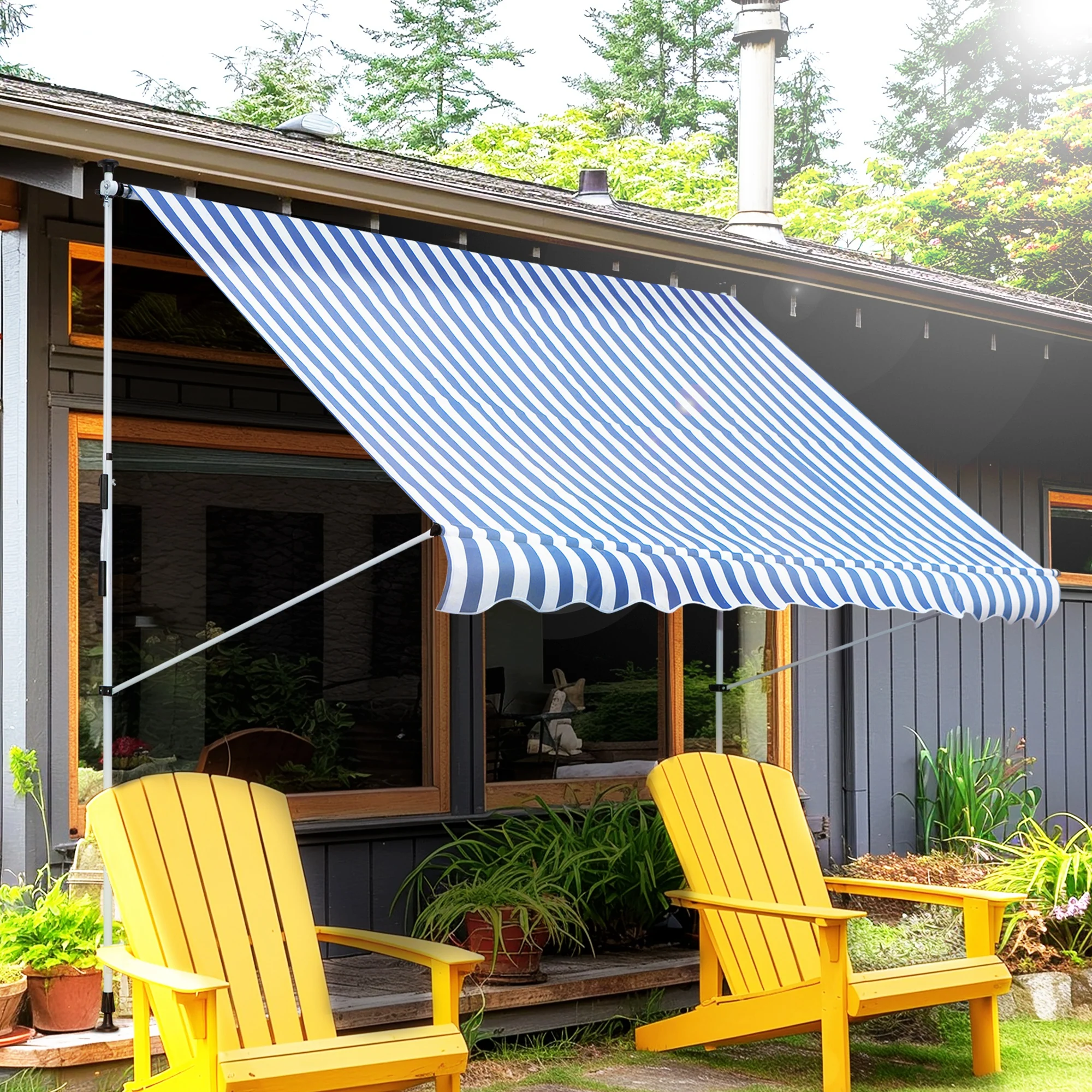 Awning Hand Crank Height Adjustable Dirt-Repellent Aluminum Polyester Blue/White - Image 2