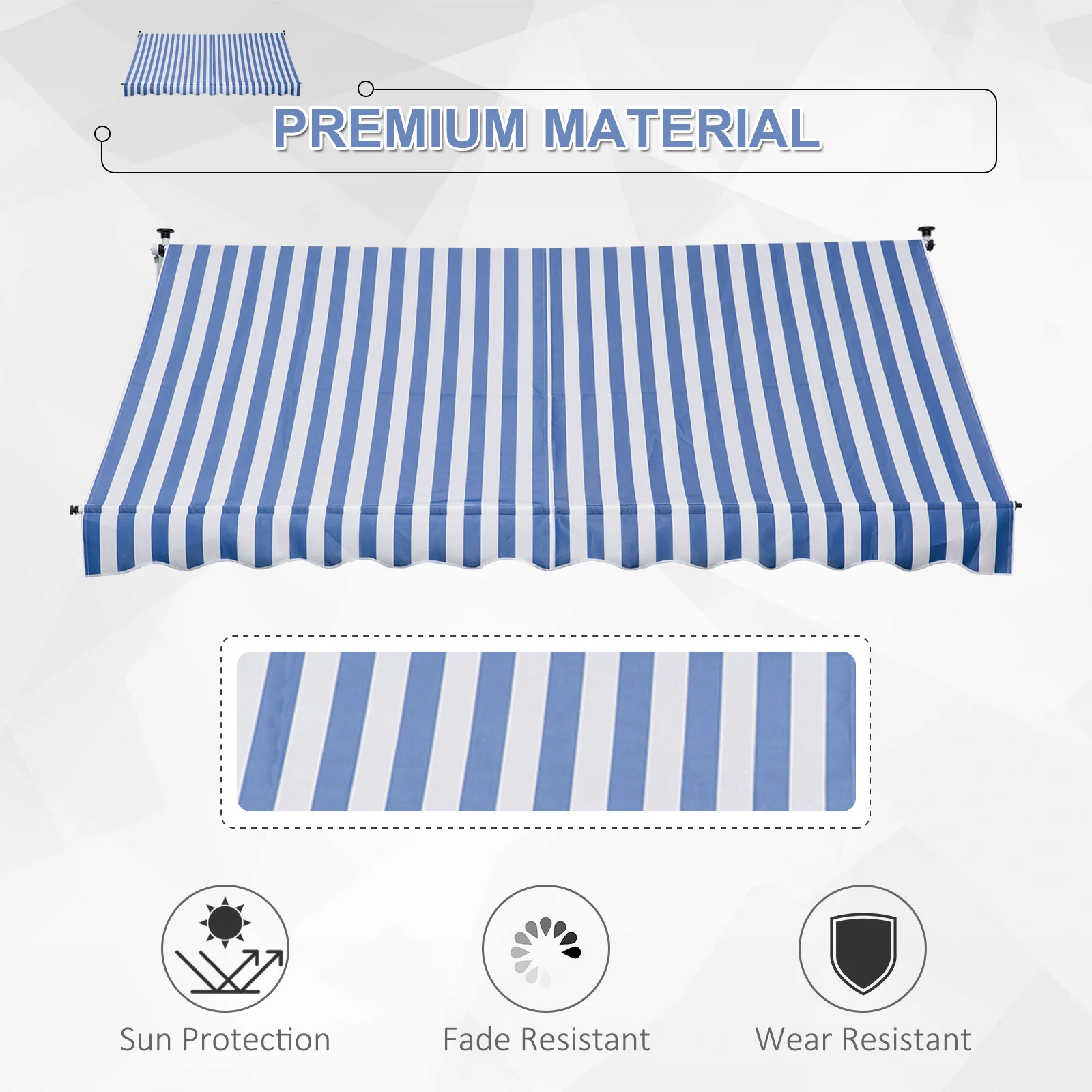 Awning Hand Crank Height Adjustable Dirt-Repellent Aluminum Polyester Blue/White - Image 4