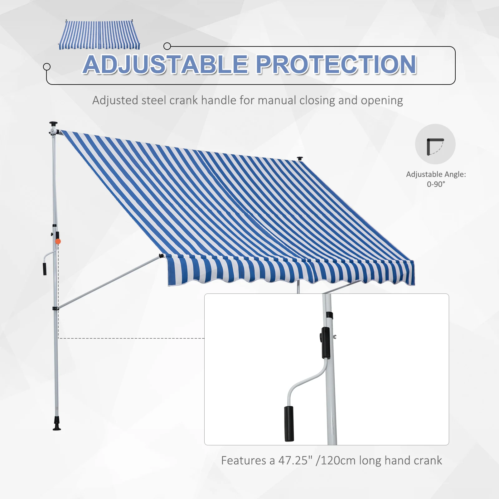 Awning Hand Crank Height Adjustable Dirt-Repellent Aluminum Polyester Blue/White - Image 5