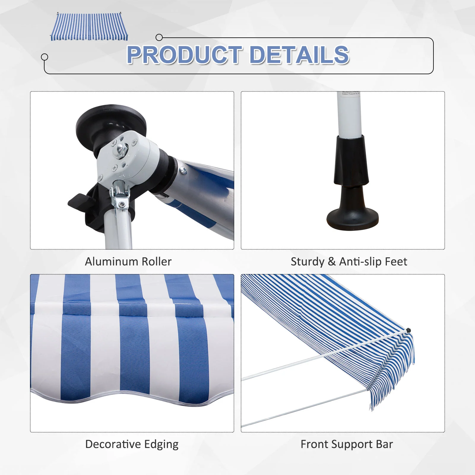 Awning Hand Crank Height Adjustable Dirt-Repellent Aluminum Polyester Blue/White - Image 6