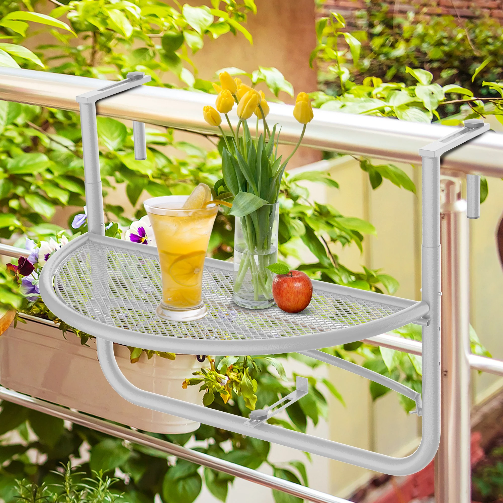 Balcony Hanging Table, Adjustable Semi-Circular Garden Table, Metal White - Image 2