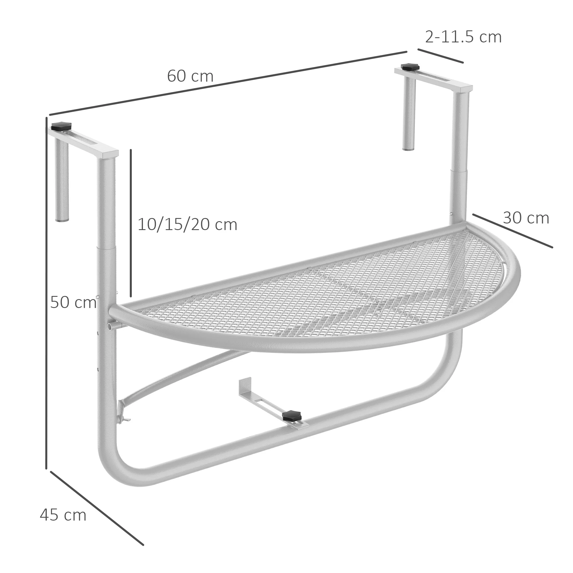 Balcony Hanging Table, Adjustable Semi-Circular Garden Table, Metal White - Image 3