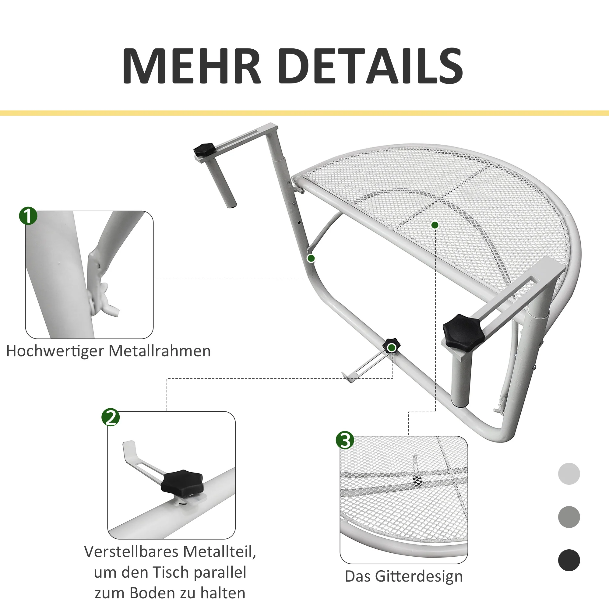 Balcony Hanging Table, Adjustable Semi-Circular Garden Table, Metal White - Image 6