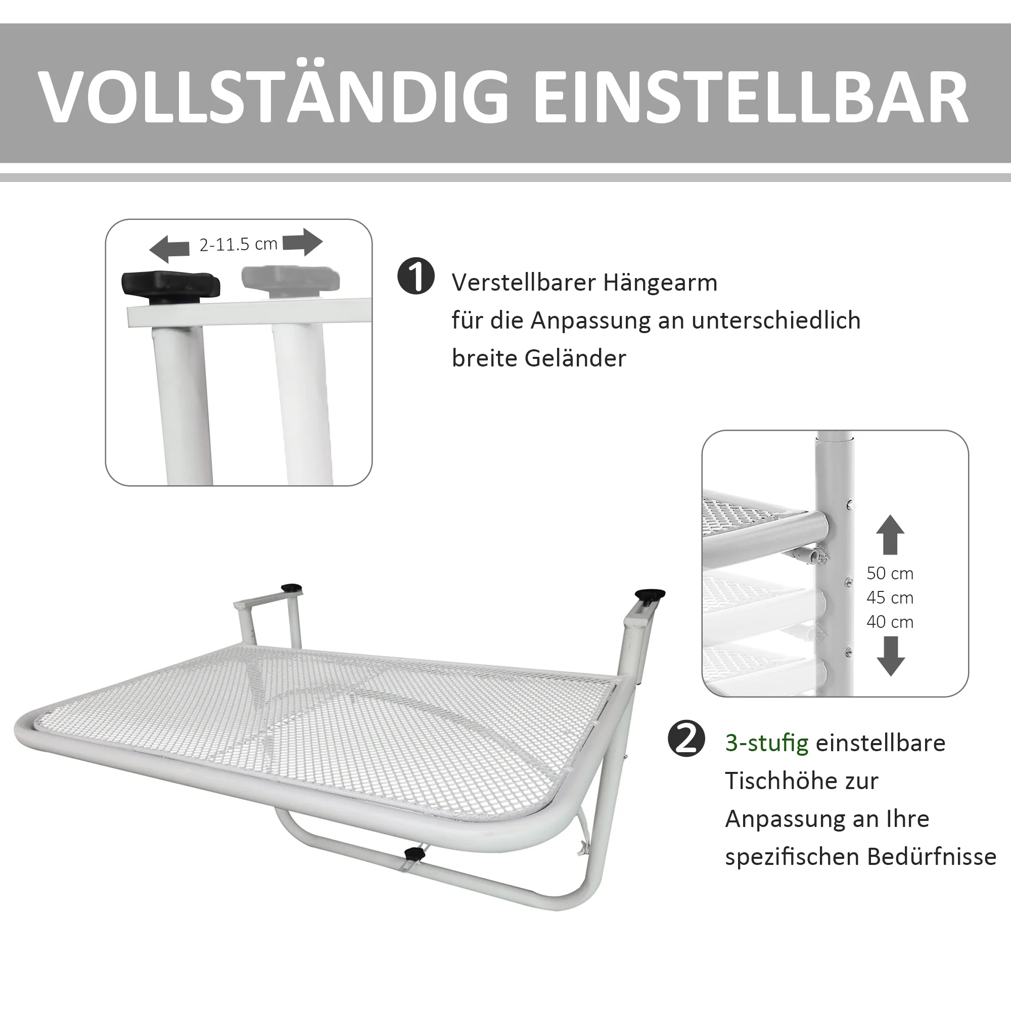 Balcony Hanging Table, Square Adjustable 60x56.5x45cm Garden, White Metal - Image 4