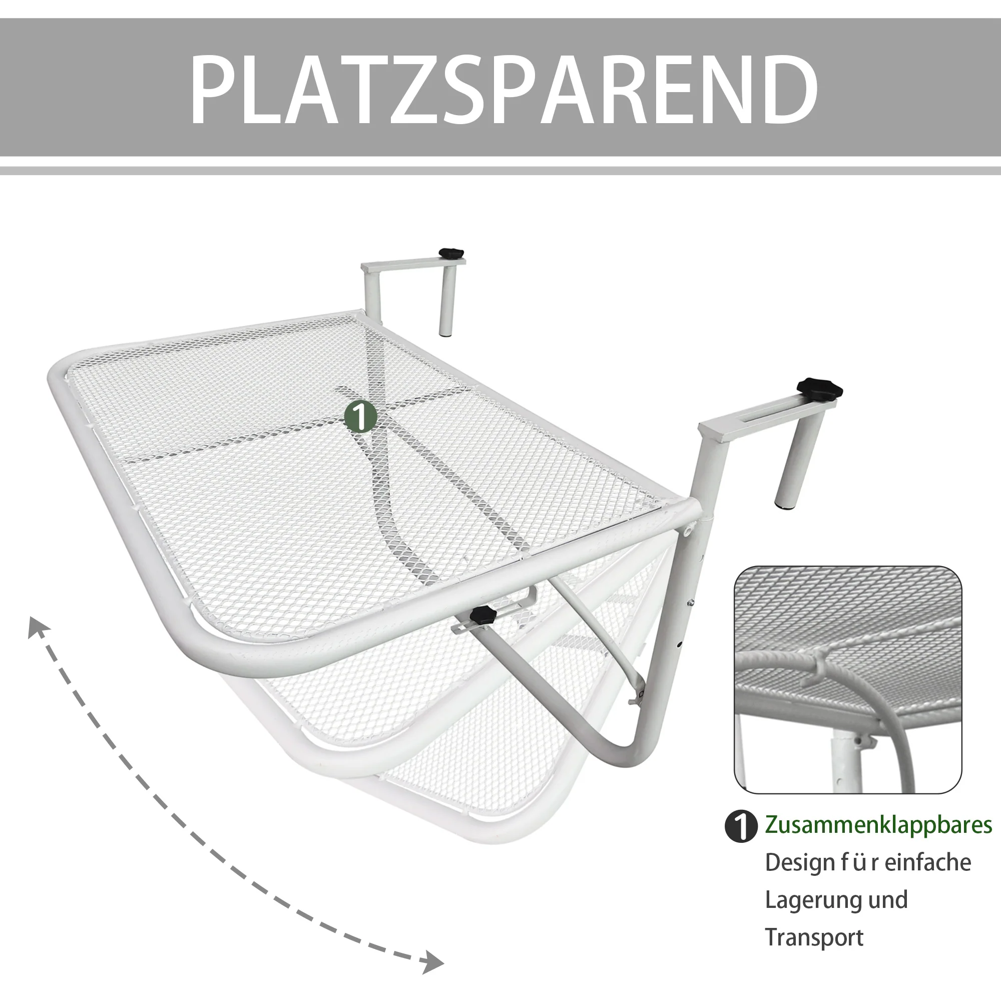 Balcony Hanging Table, Square Adjustable 60x56.5x45cm Garden, White Metal - Image 5