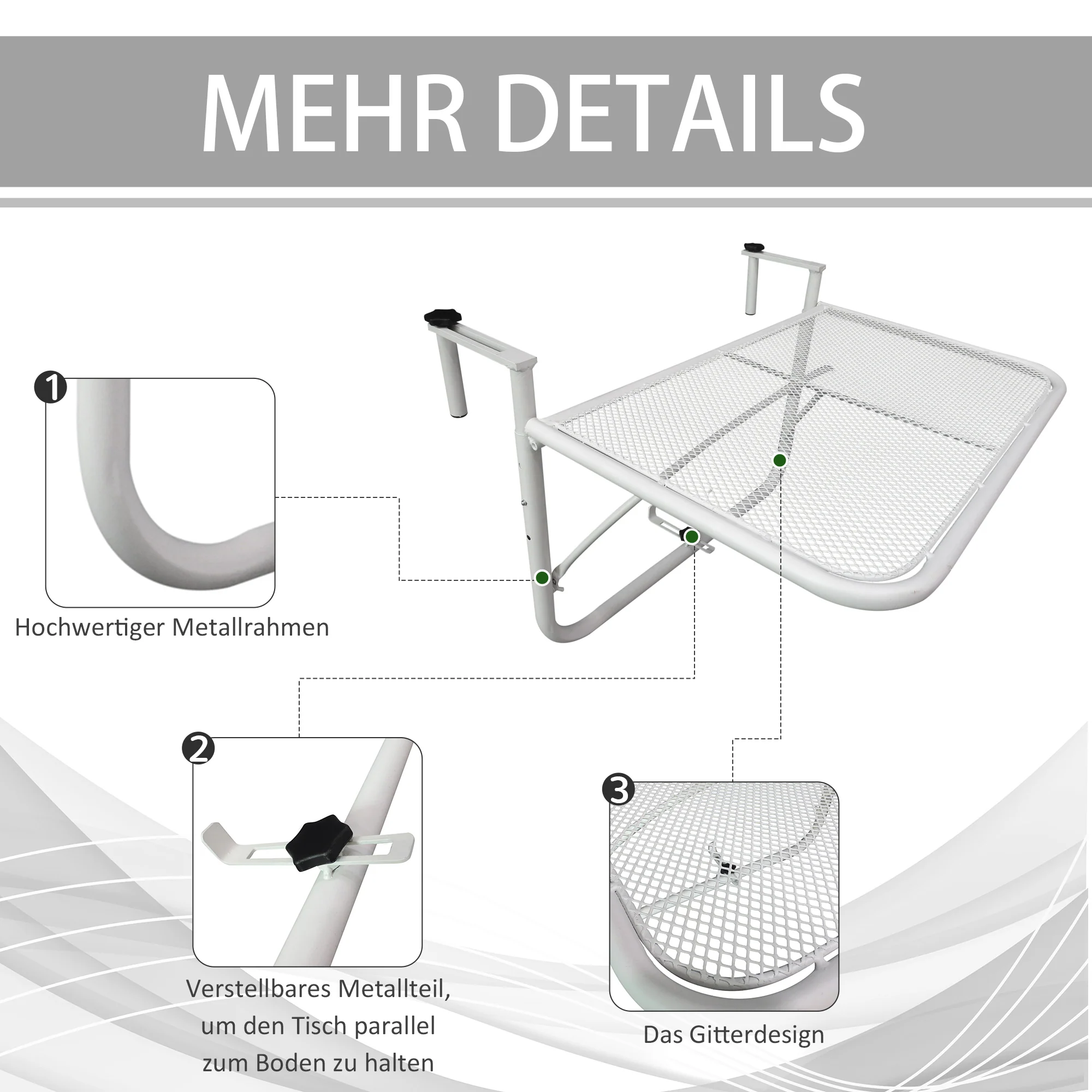 Balcony Hanging Table, Square Adjustable 60x56.5x45cm Garden, White Metal - Image 6