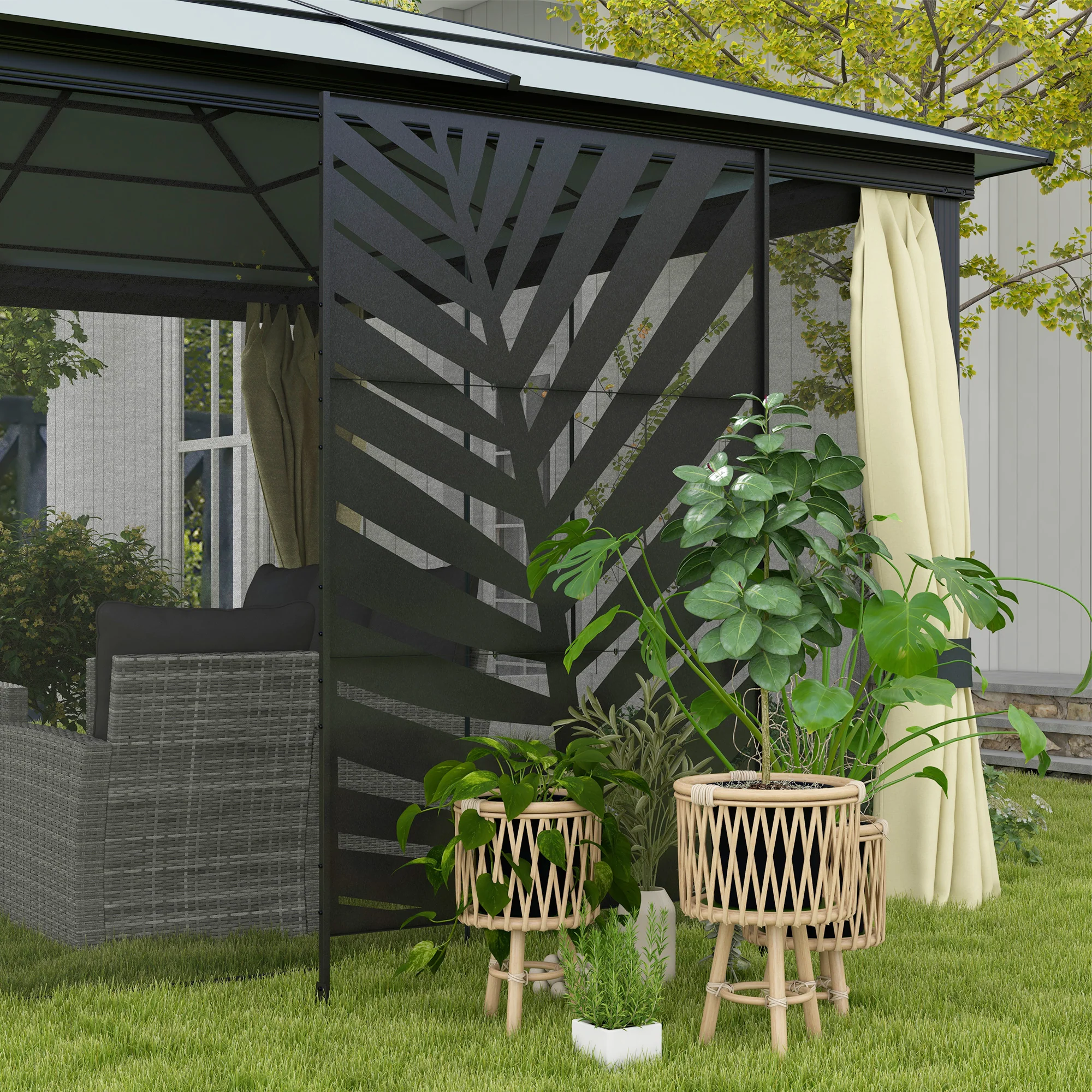 Balcony Privacy Screen Room Divider, Banana Leaf Pattern 122x198cm, Steel Black - Image 8