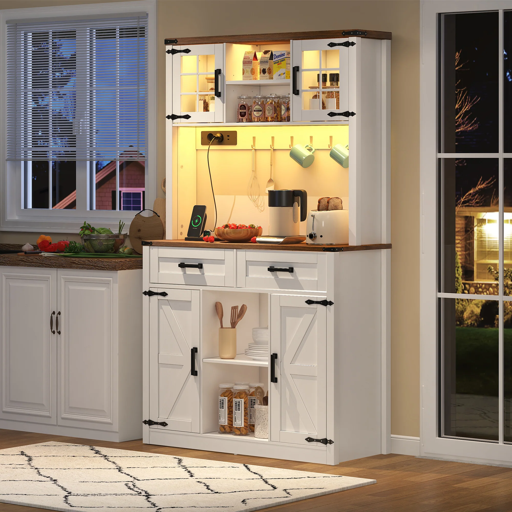 Bar Cabinet Buffet LED Sockets Barn Door 2 Drawers - White - Image 2