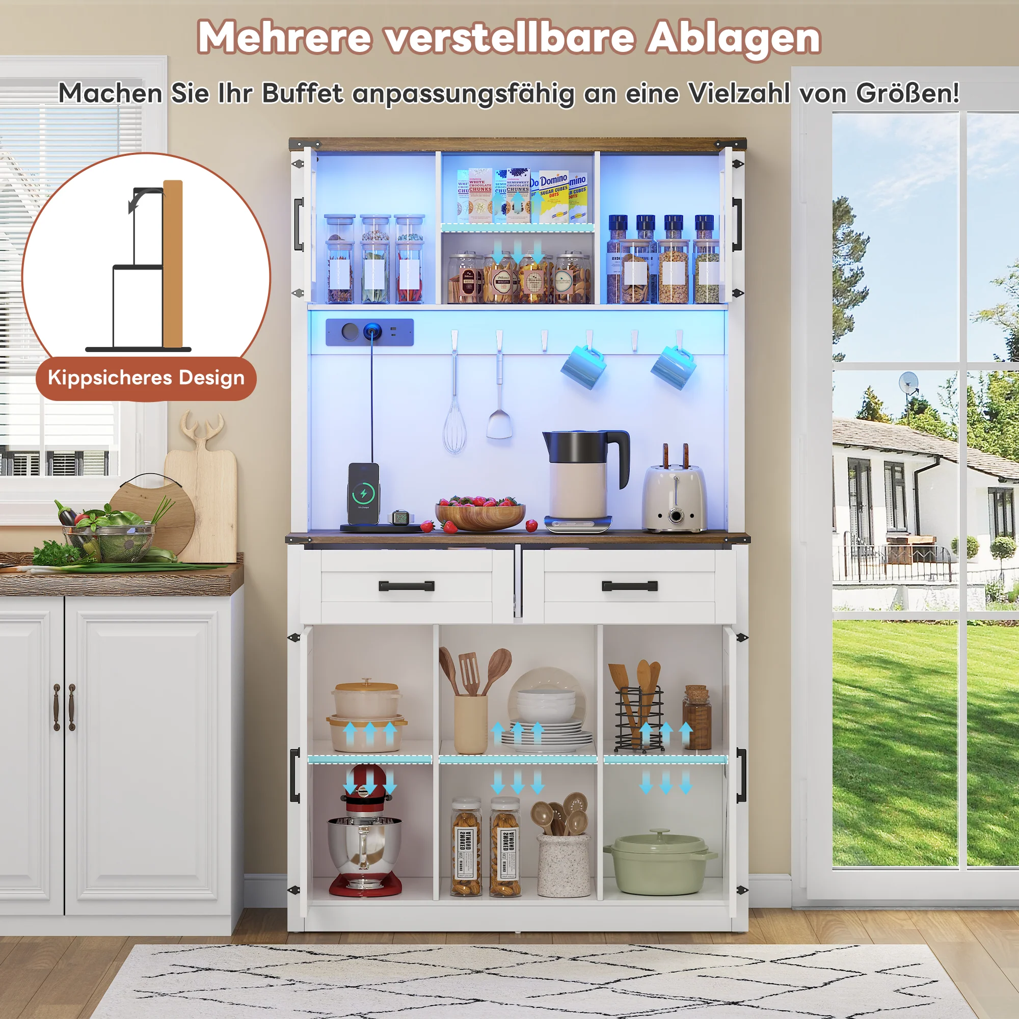 Bar Cabinet Buffet LED Sockets Barn Door 2 Drawers - White - Image 3