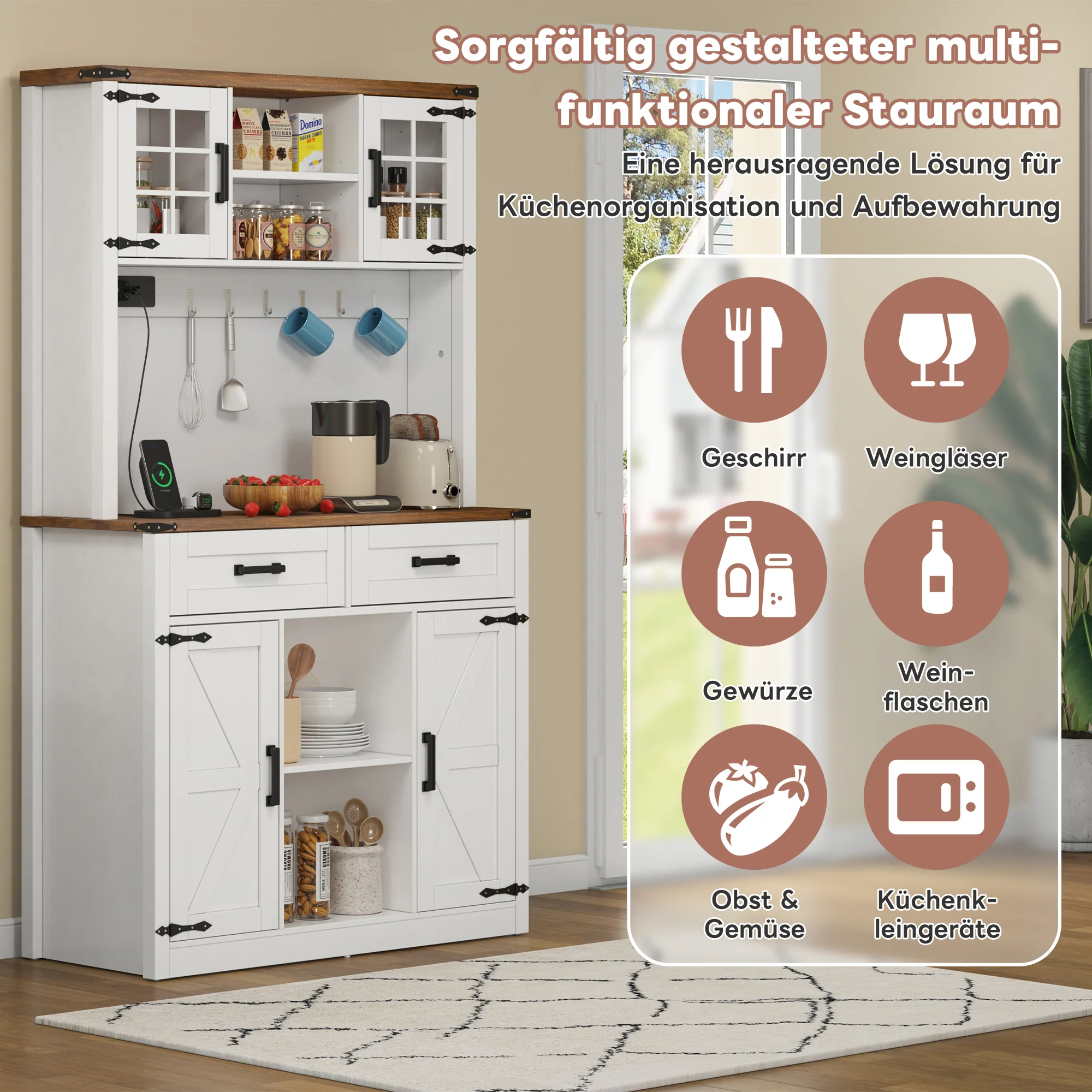 Bar Cabinet Buffet LED Sockets Barn Door 2 Drawers - White - Image 5