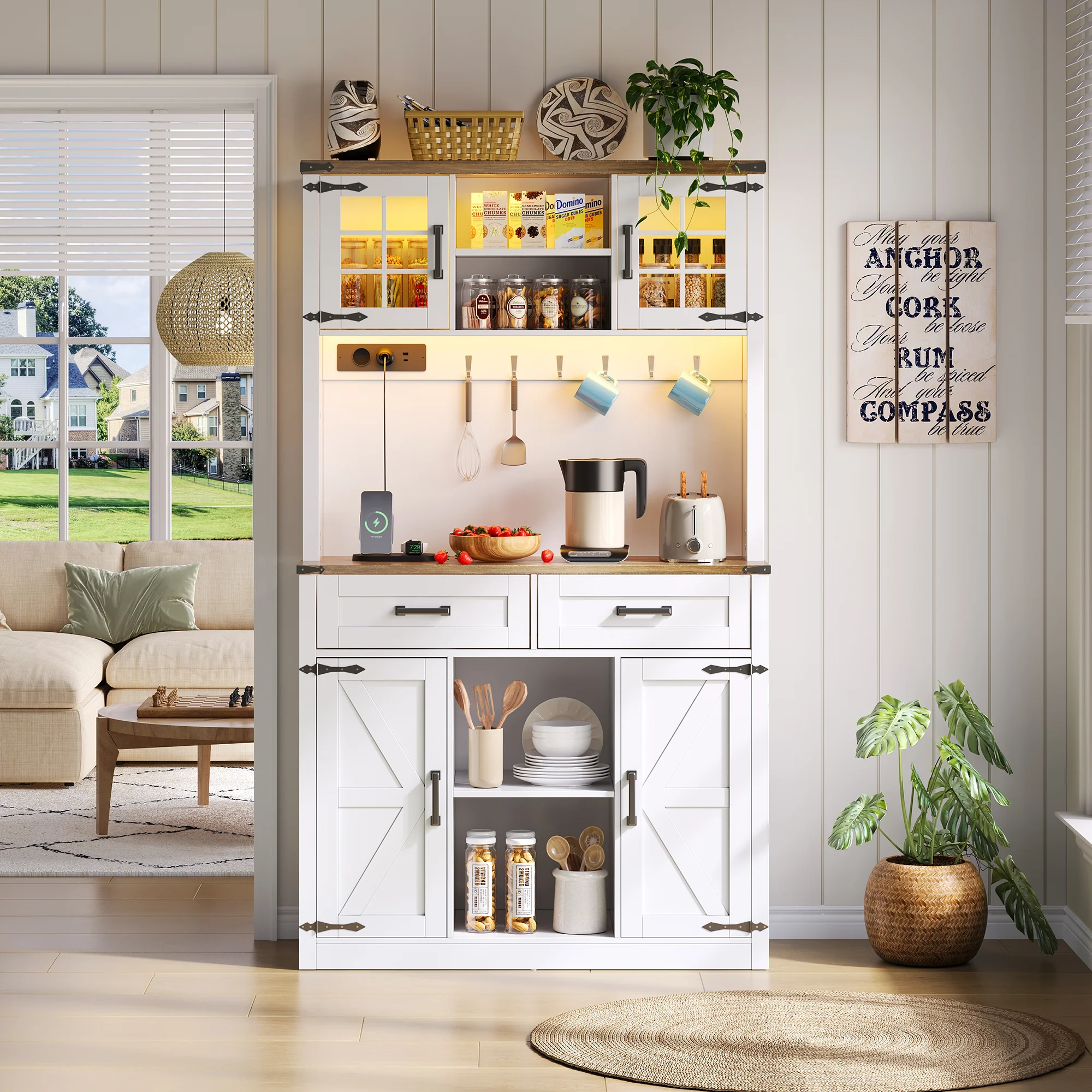 Bar Cabinet Buffet LED Sockets Barn Door 2 Drawers - White - Image 7