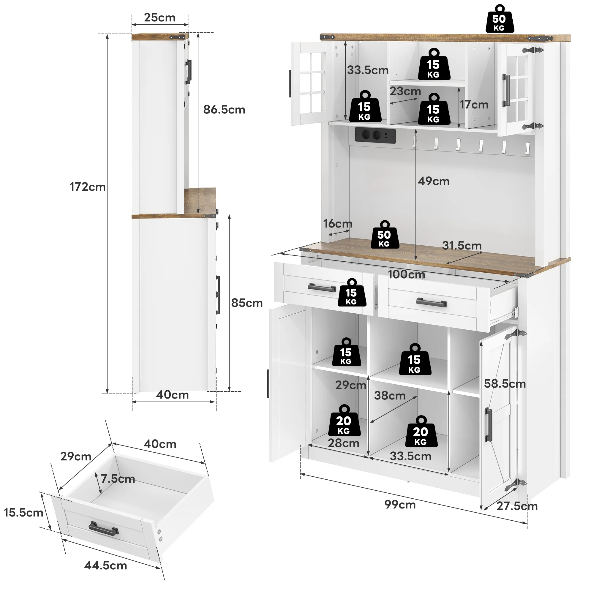 Bar Cabinet Buffet LED Sockets Barn Door 2 Drawers - White - Image 8