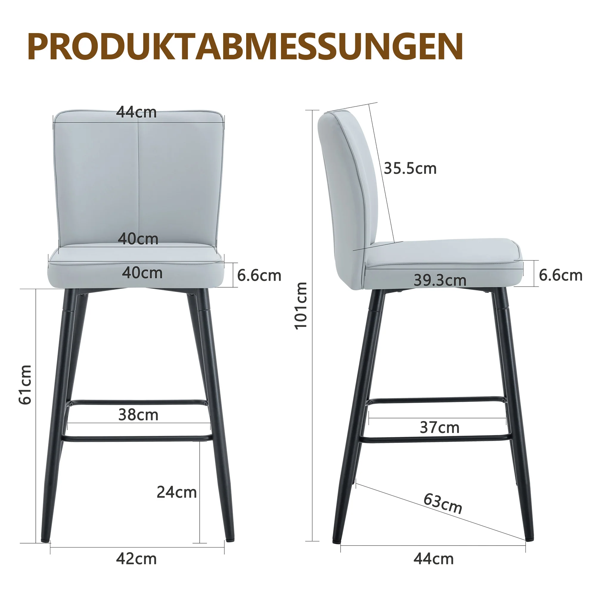 Bar Chair Set 2-Piece 101cm High Ergonomic Backrest - Light Grey PU - Image 4