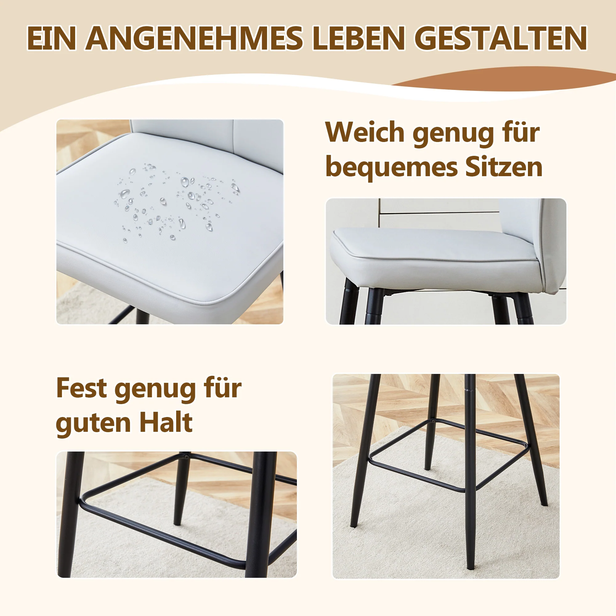 Bar Chair Set 2-Piece 101cm High Ergonomic Backrest - Light Grey PU - Image 6