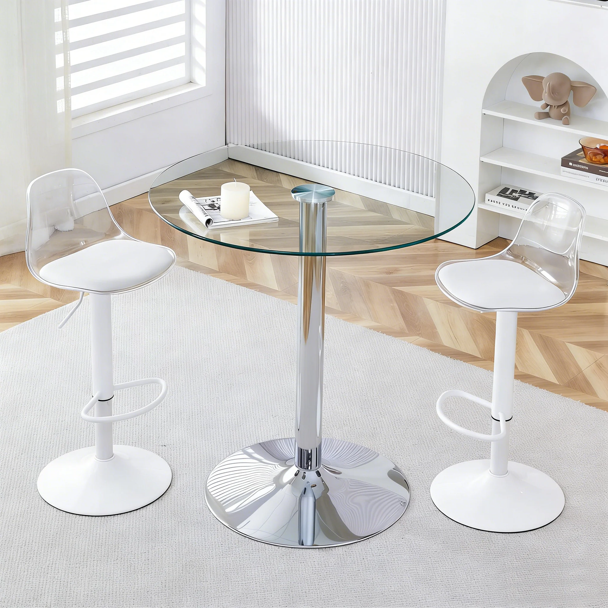 Bar Set 89cm Glass Table 2 Stools Adjustable Swivel - White Legs - Image 2