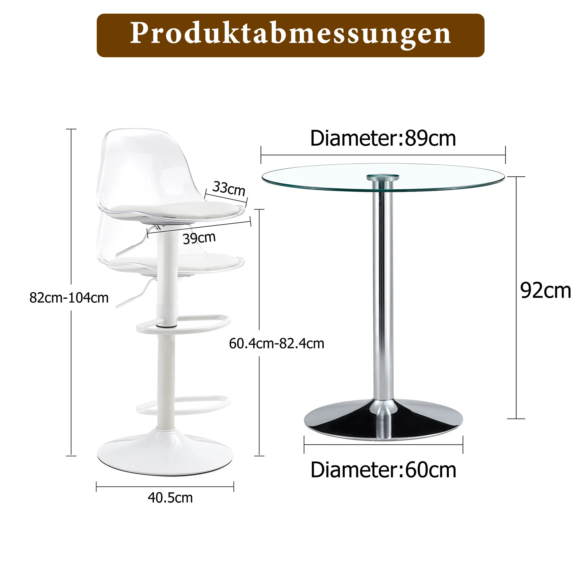 Bar Set 89cm Glass Table 2 Stools Adjustable Swivel - White Legs - Image 4