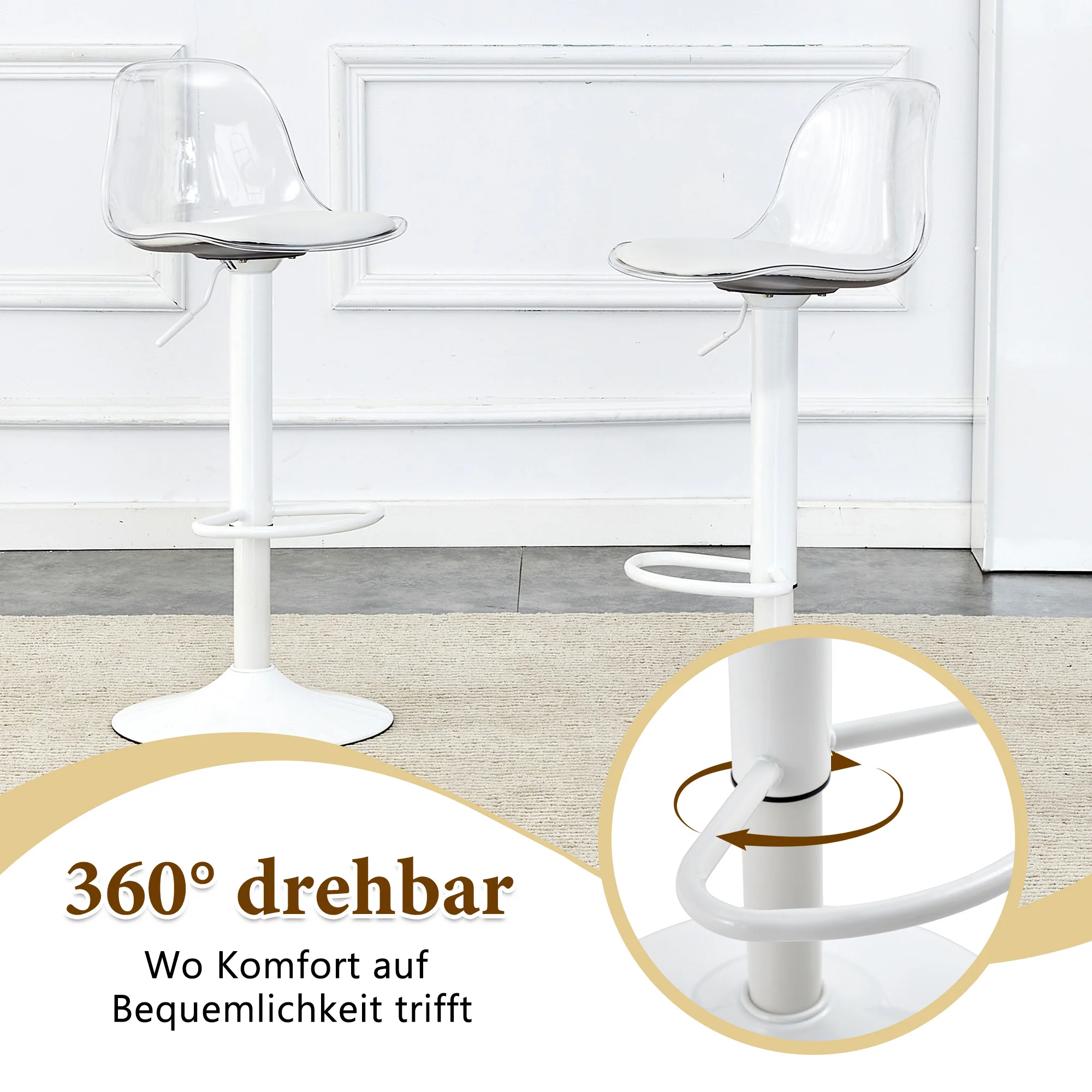 Bar Set 89cm Glass Table 2 Stools Adjustable Swivel - White Legs - Image 7
