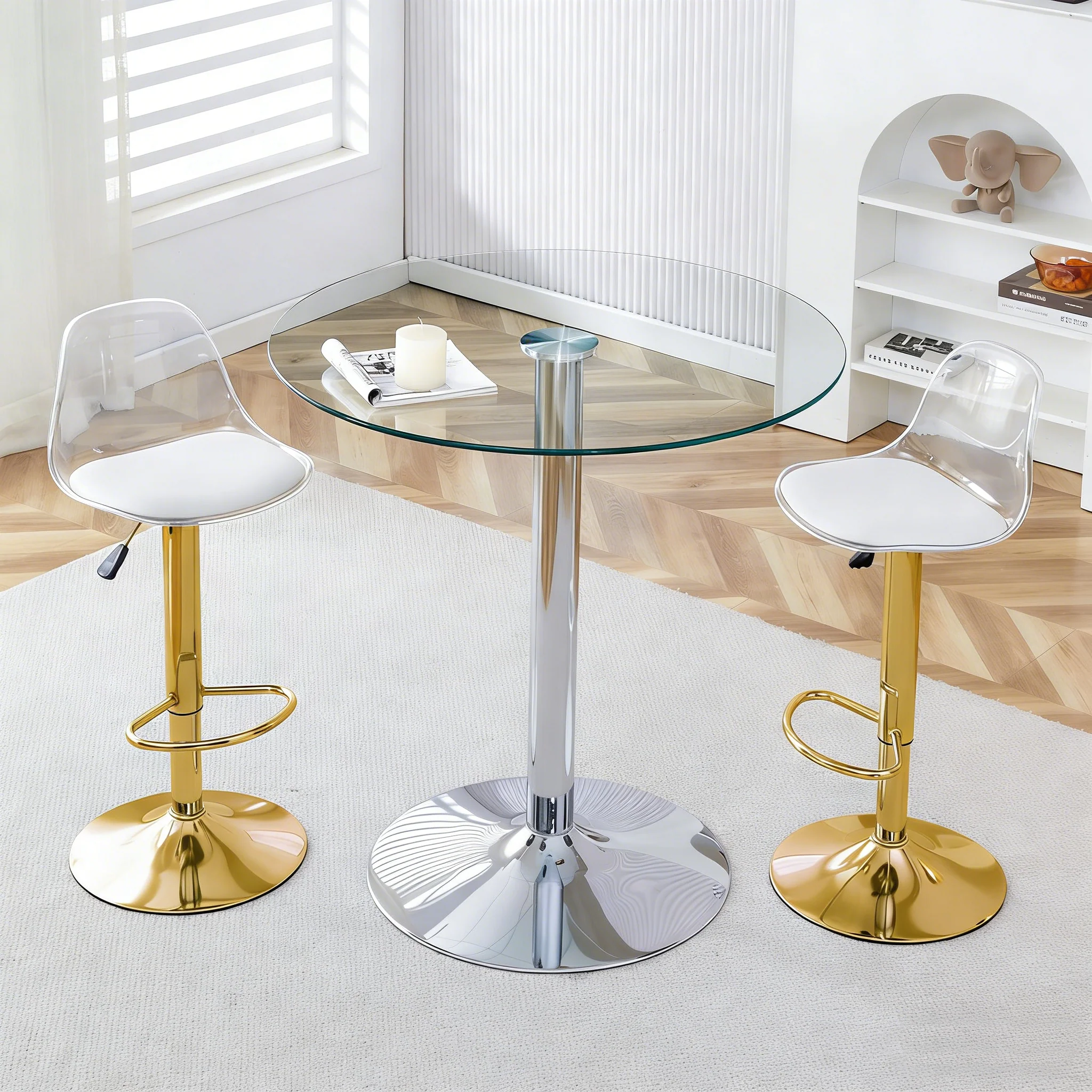 Bar Set Glass Table & 2 Stools Adjustable Swivel - Gold Legs