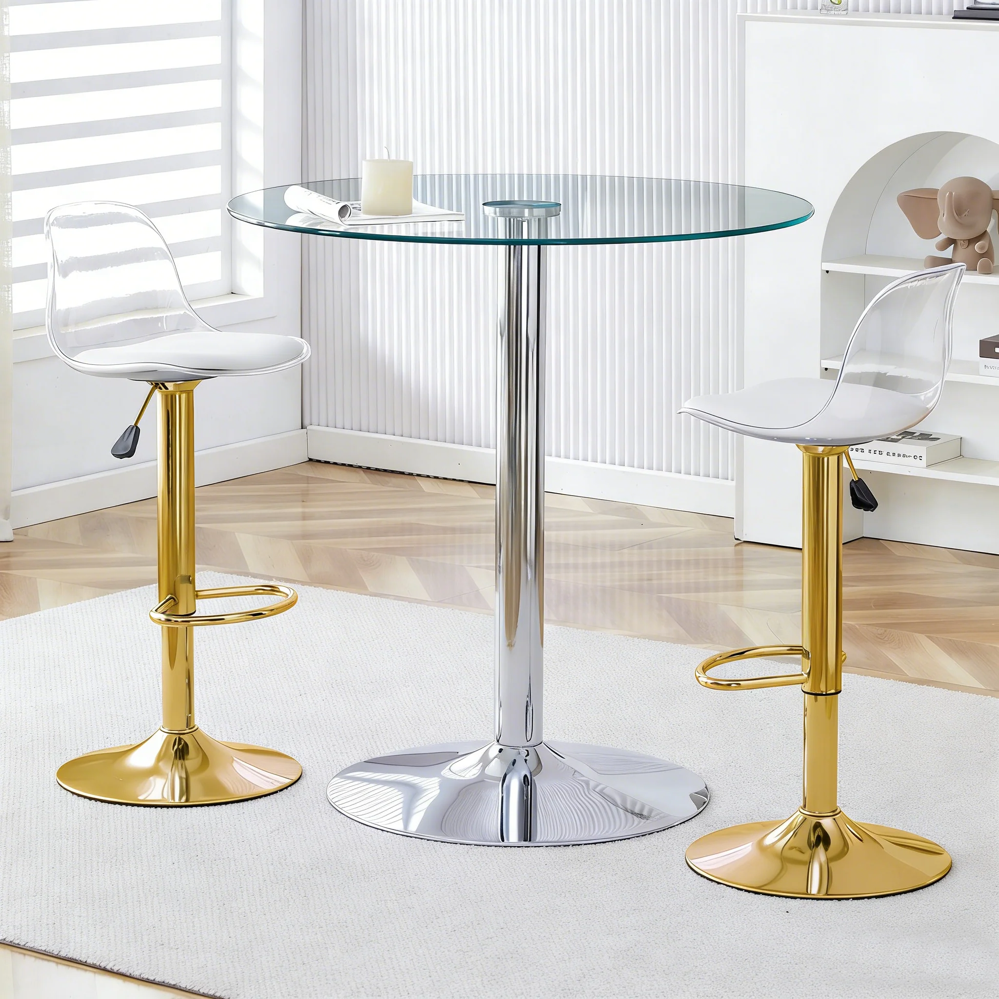 Bar Set Glass Table & 2 Stools Adjustable Swivel - Gold Legs - Image 3