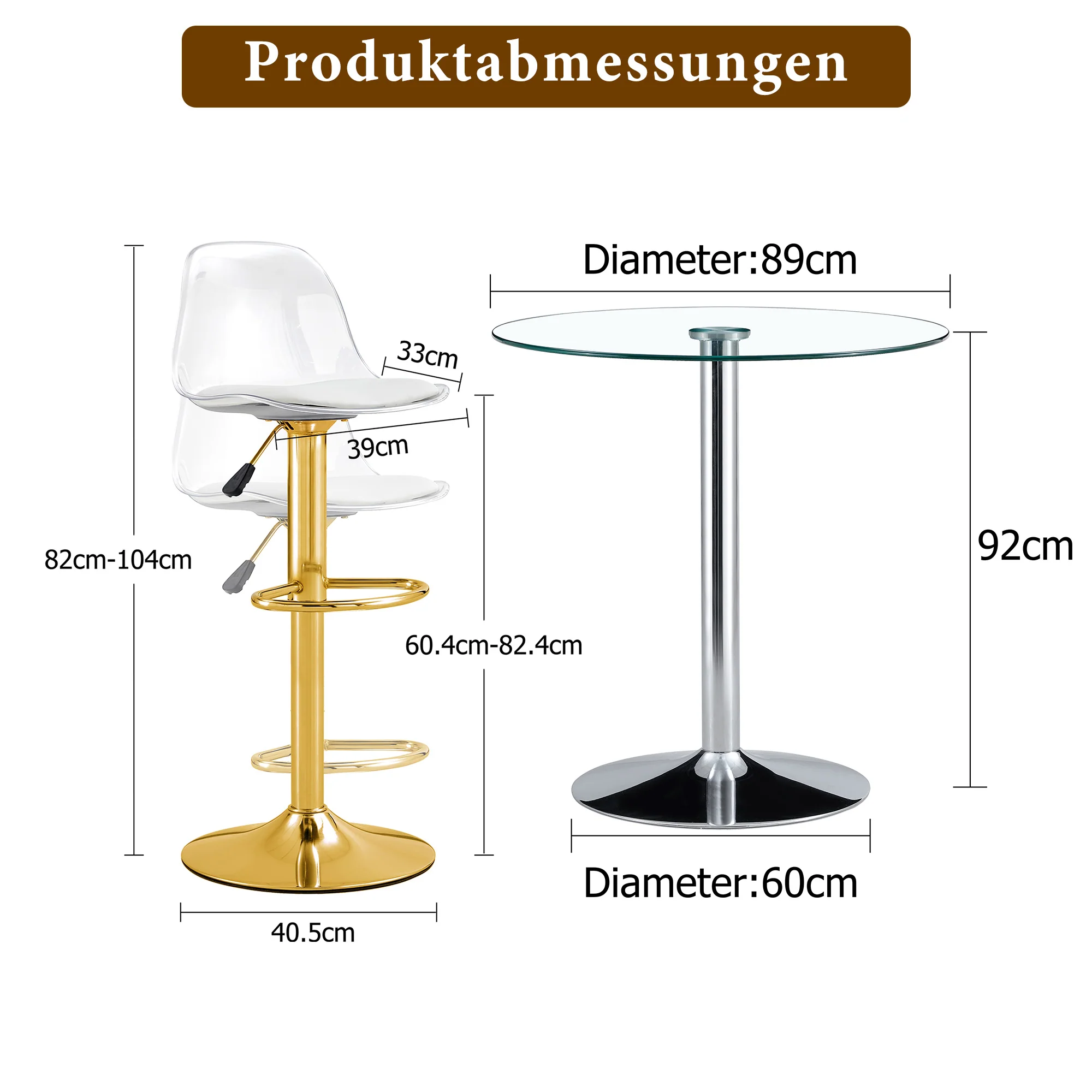 Bar Set Glass Table & 2 Stools Adjustable Swivel - Gold Legs - Image 4