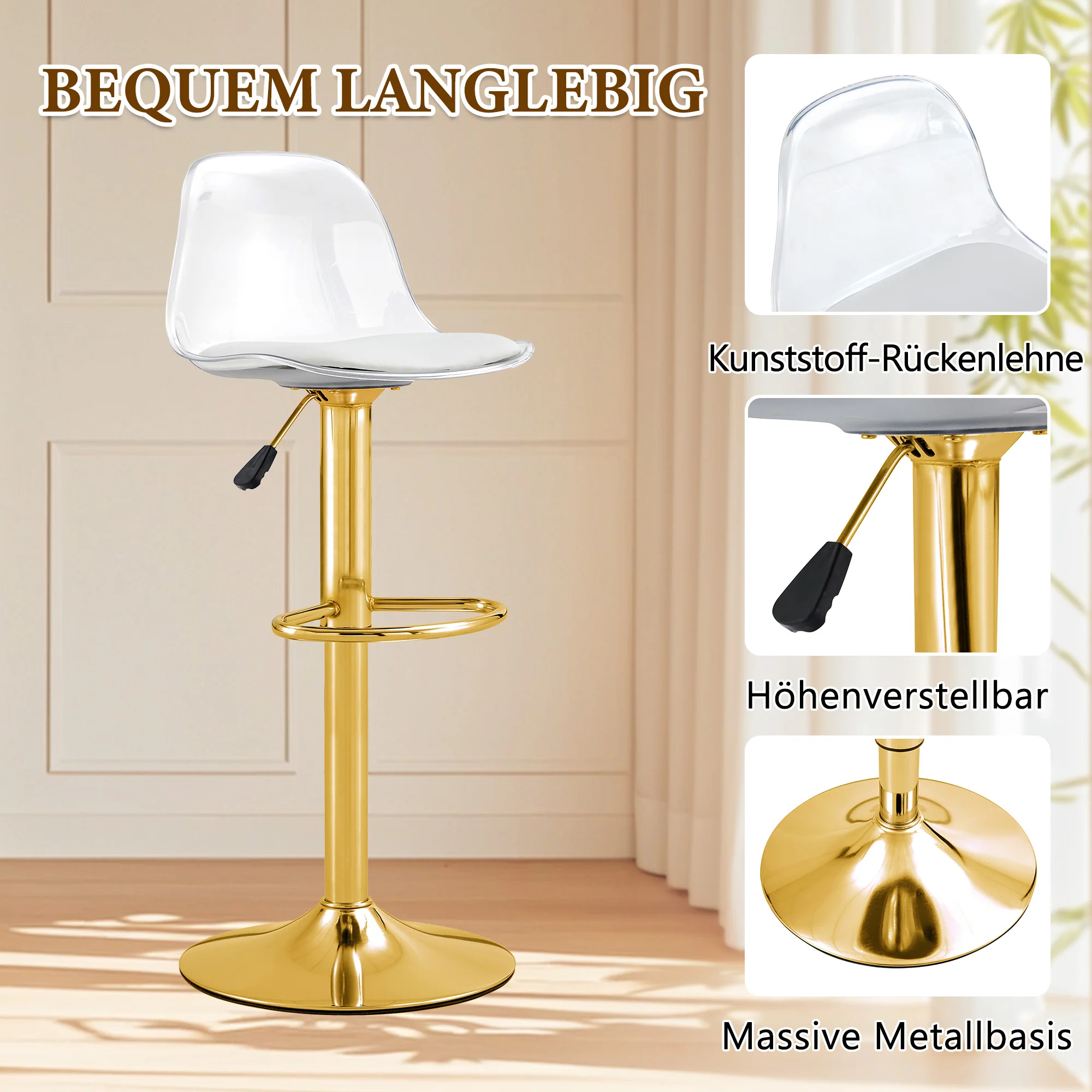 Bar Set Glass Table & 2 Stools Adjustable Swivel - Gold Legs - Image 5
