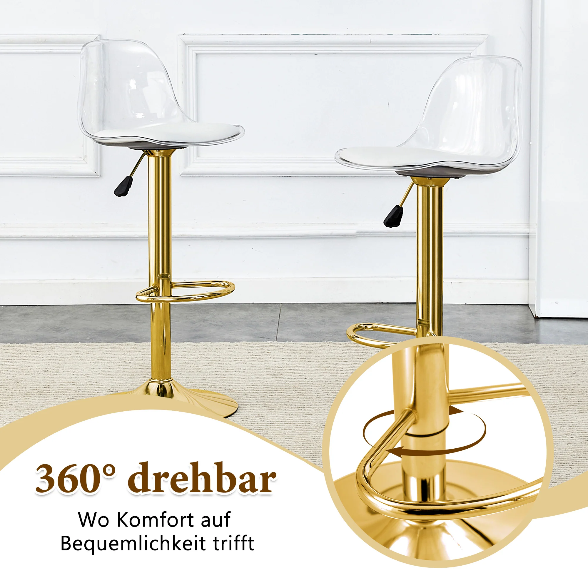 Bar Set Glass Table & 2 Stools Adjustable Swivel - Gold Legs - Image 7
