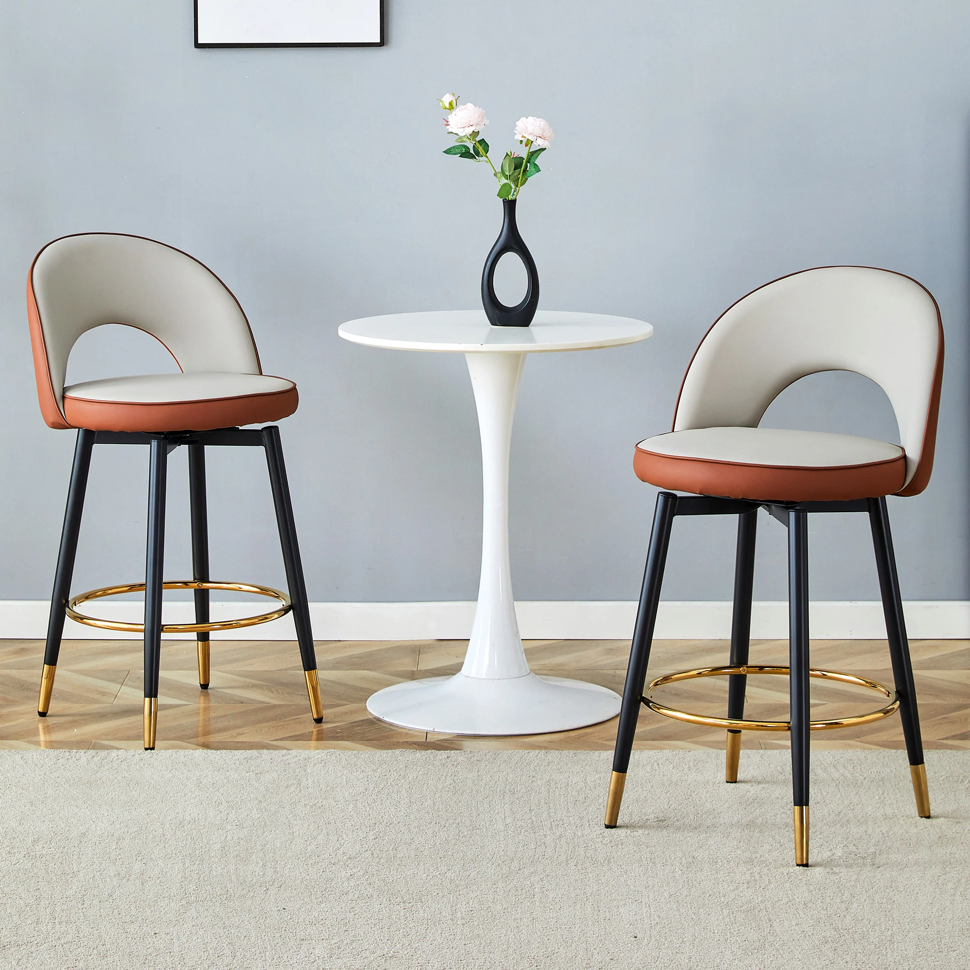 Bar Stool 360° Swivel Padded Set of 2 - PU Light Grey/Brown - Image 3