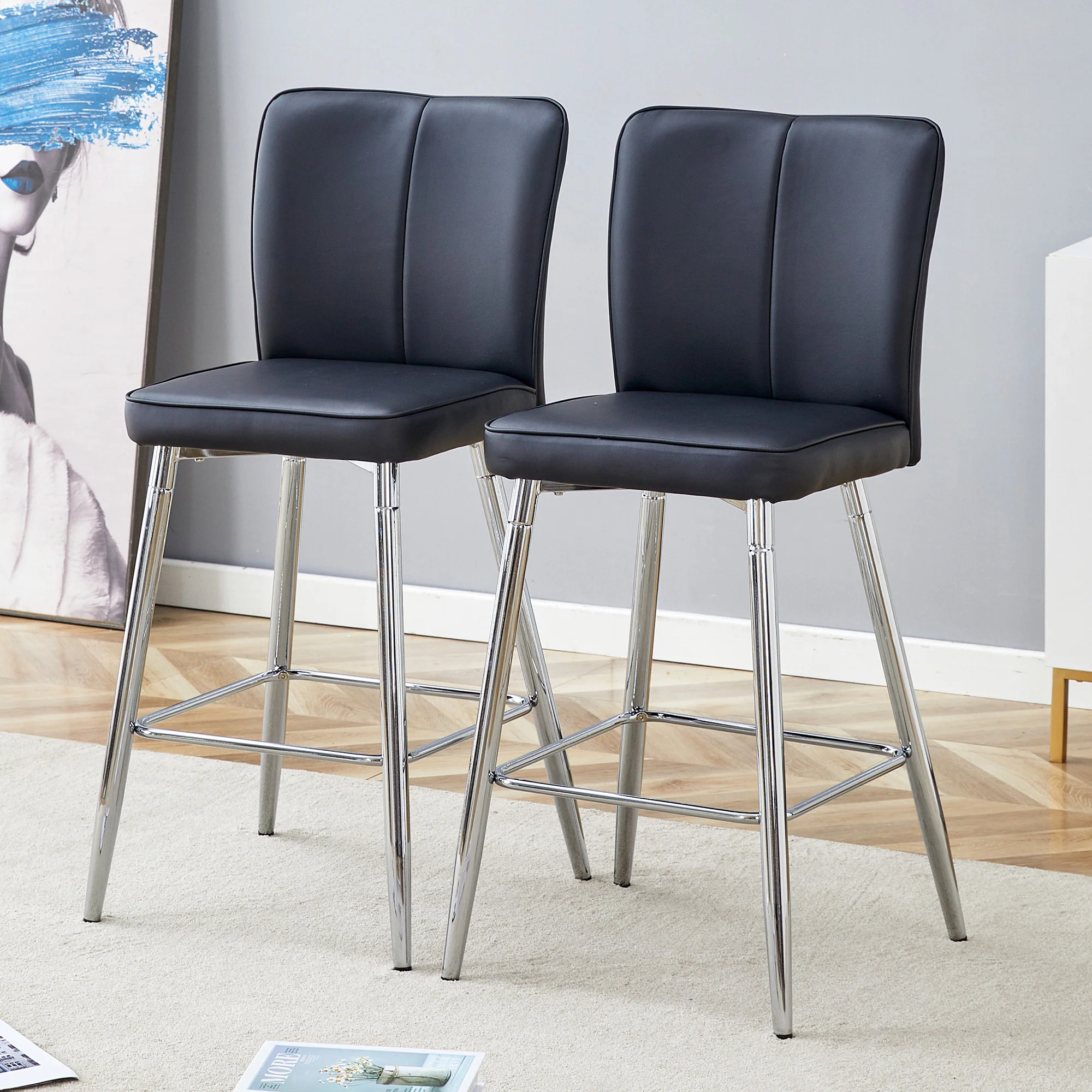 Bar Stool Set of 2 101cm High Ergonomic Backrest - Black PU Material - Image 2