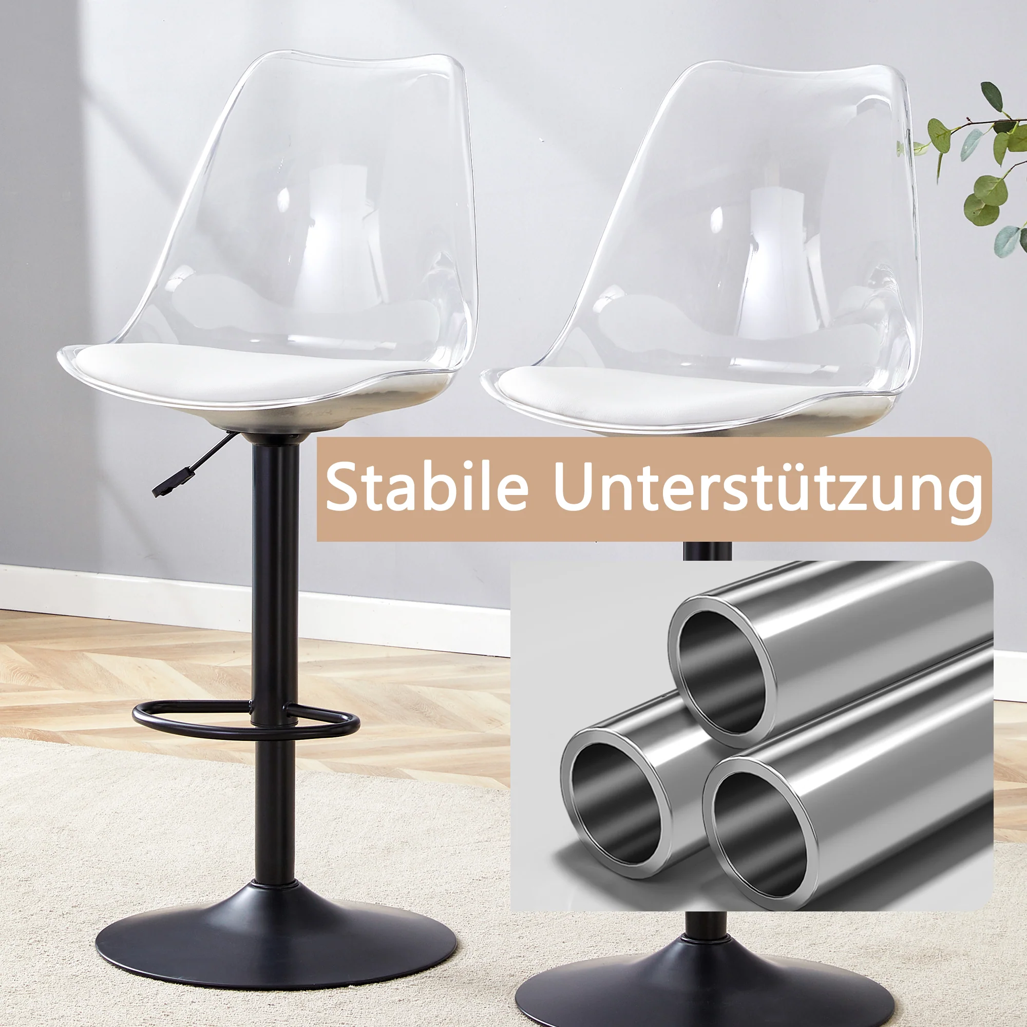 Bar Stool Set of 2 Adjustable Swivel PU Leather Transparent Back - Black Metal/PU - Image 6
