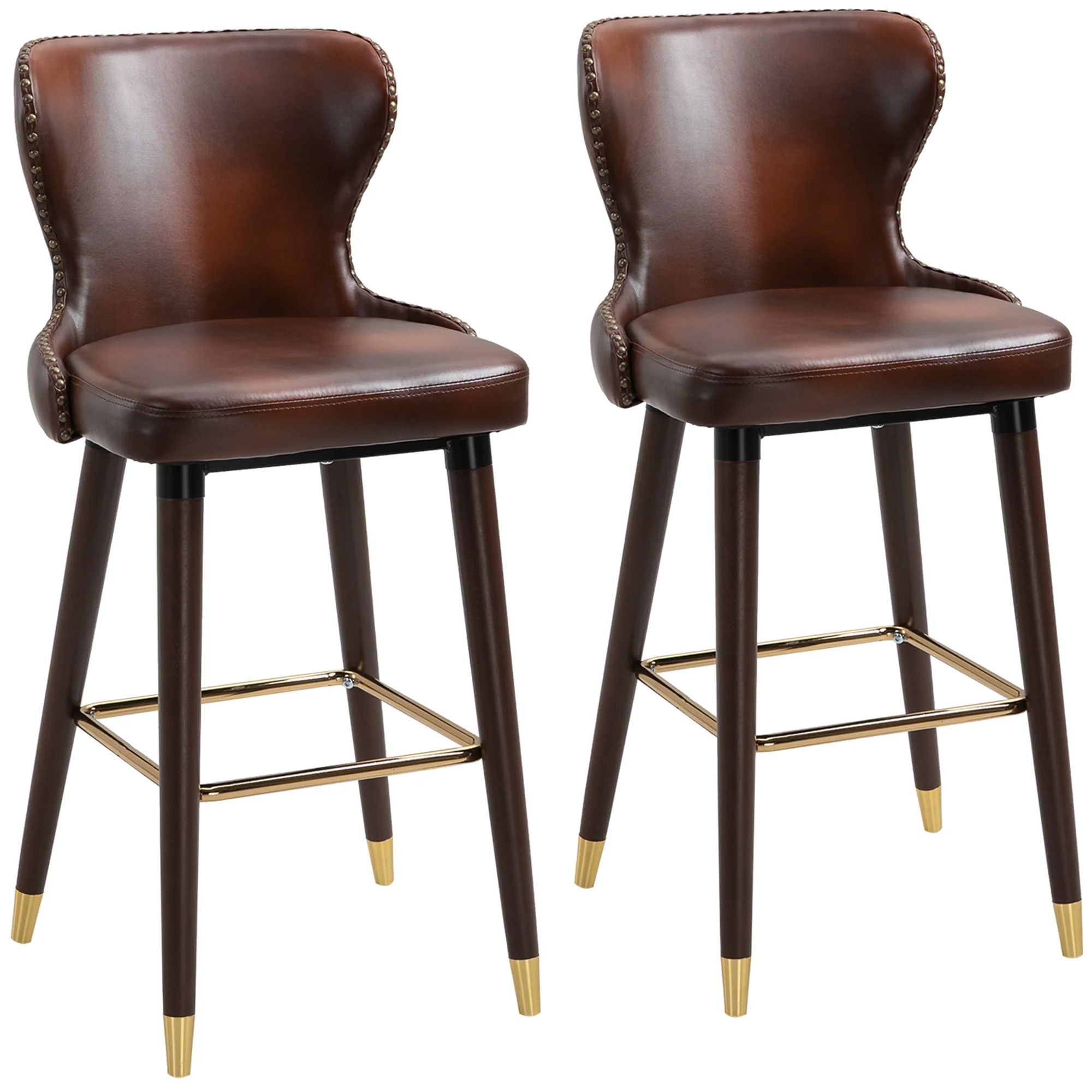 Bar Stool Set of 2, Bistro Chairs Footrest Backrest, PU Brown - Image 2