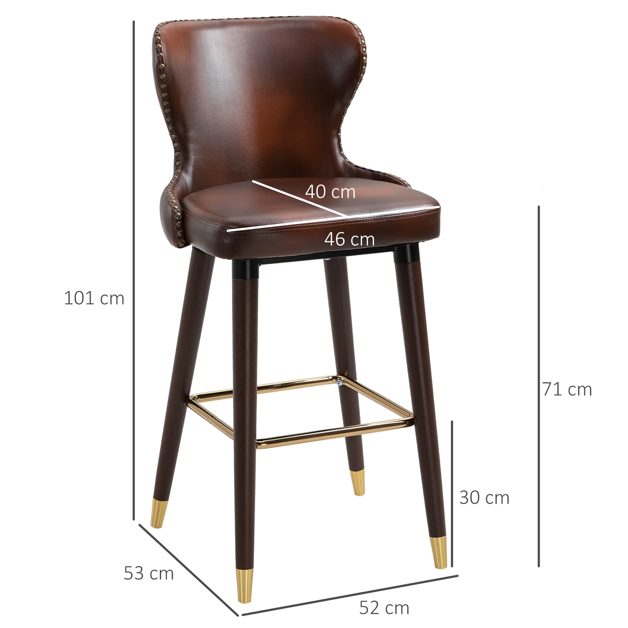 Bar Stool Set of 2, Bistro Chairs Footrest Backrest, PU Brown - Image 3